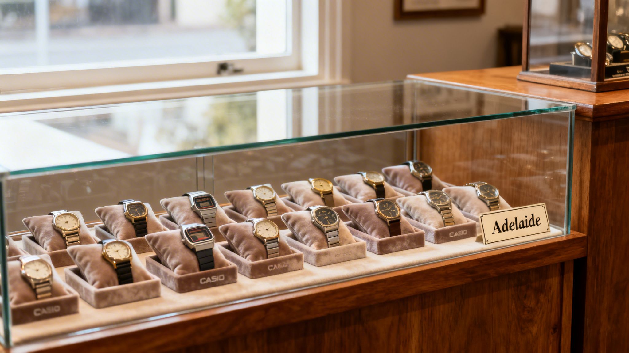Display of vintage Casio watches in a glass case at Cavalier Antiques and Restorations in Adelaide, featuring various models on plush cushions.