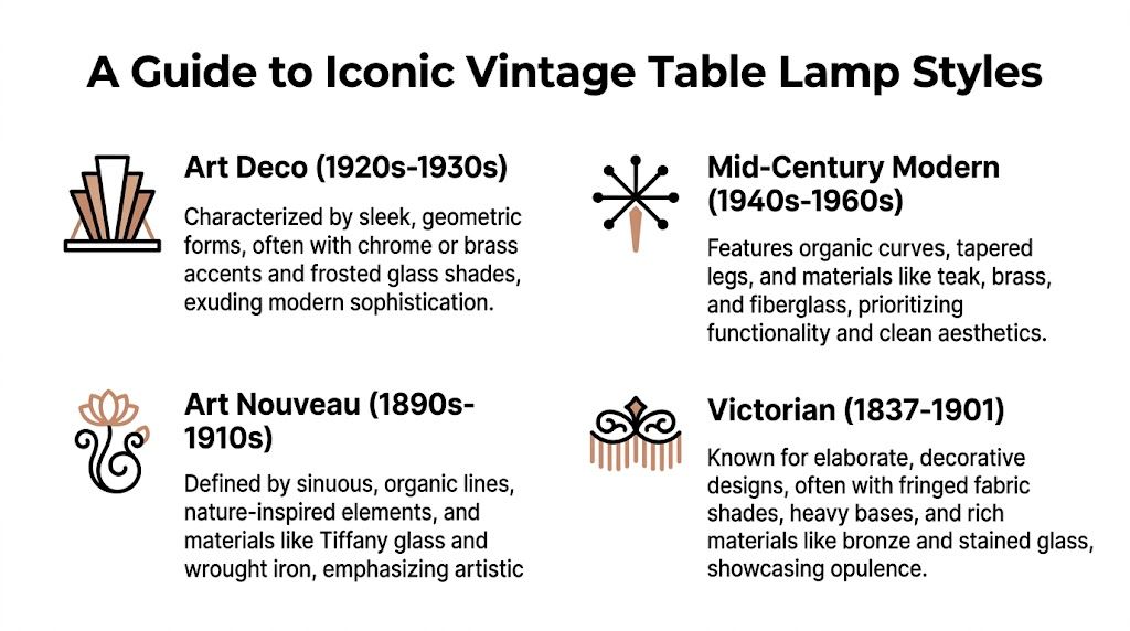 An infographic displaying historical vintage table lamp styles including Art Deco, Mid-Century Modern, Art Nouveau, and Victorian.