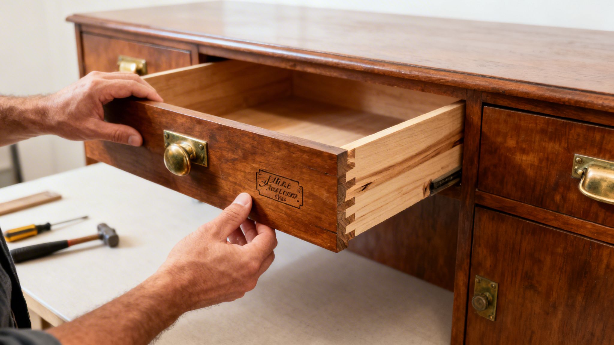Hands inspecting a mid-century antique furniture drawer, revealing craftsmanship details and maker's label, highlighting restoration and condition assessment.