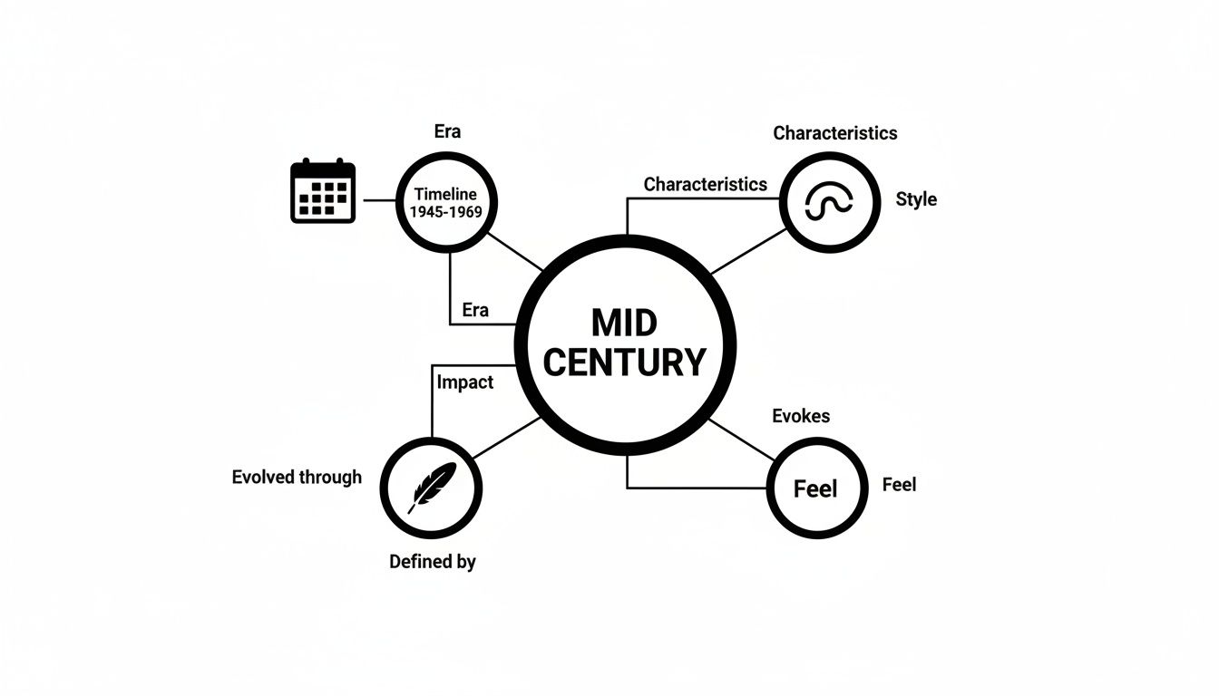 Mid-century mind map illustrating key elements of the design era, including timeline (1945-1969), characteristics, style, impact, and emotional evocation.