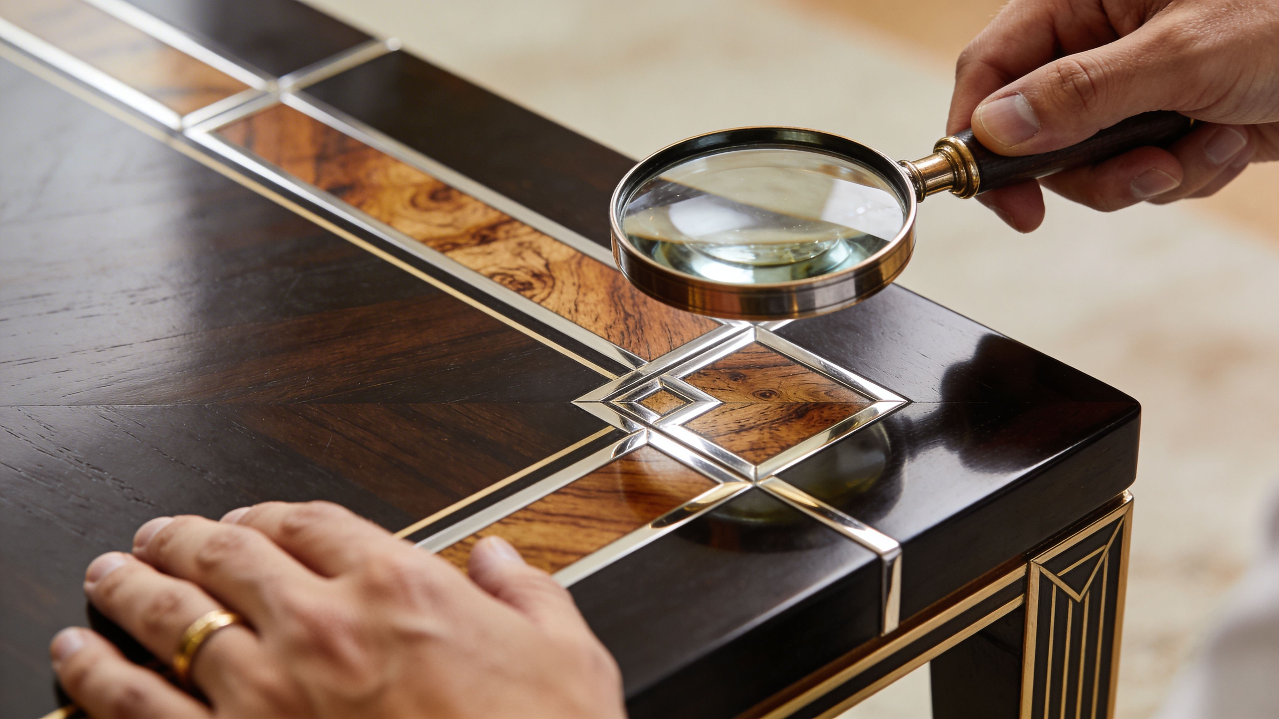 A person examining the intricate woodwork and metal inlay of an Art Deco coffee table with a magnifying glass.
