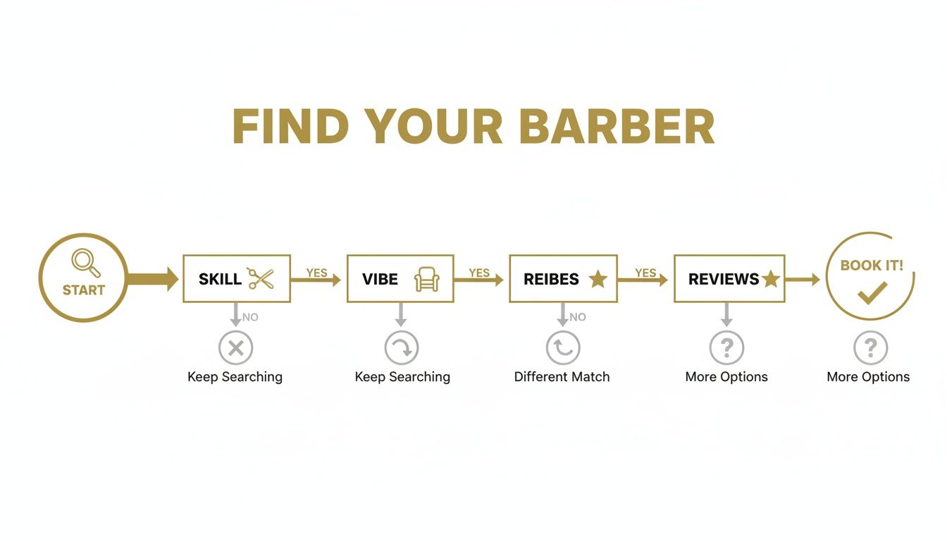 Flowchart outlining the steps to find a barber: Start, Skill, Vibe, Reibes, Reviews, and Book It!