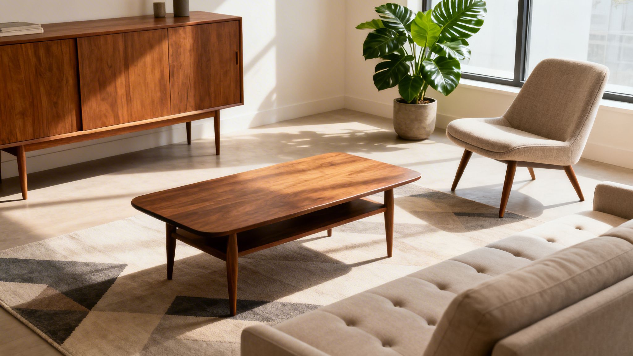 Mid-century antique furniture in a bright living room setting, featuring a wooden coffee table, a beige upholstered chair, and a wooden sideboard, complemented by a potted plant and geometric area rug.