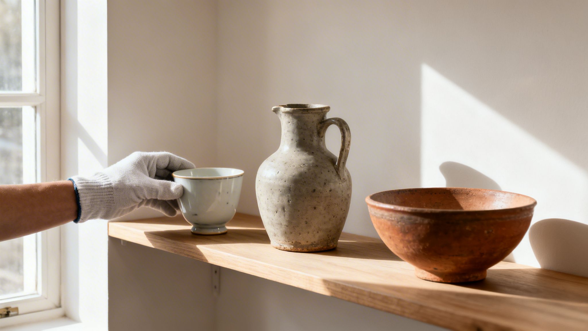 Hand in glove carefully holding an antique ceramic cup, beside a textured pitcher and a rustic bowl on a wooden shelf, emphasizing proper care and display of collectible ceramics.