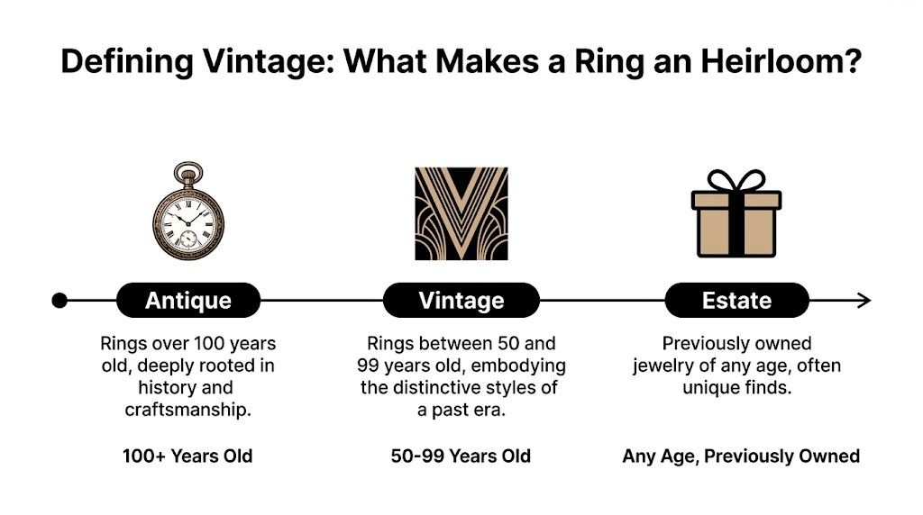 A timeline graphic explaining the differences between antique, vintage, and estate jewelry classifications for consumers.