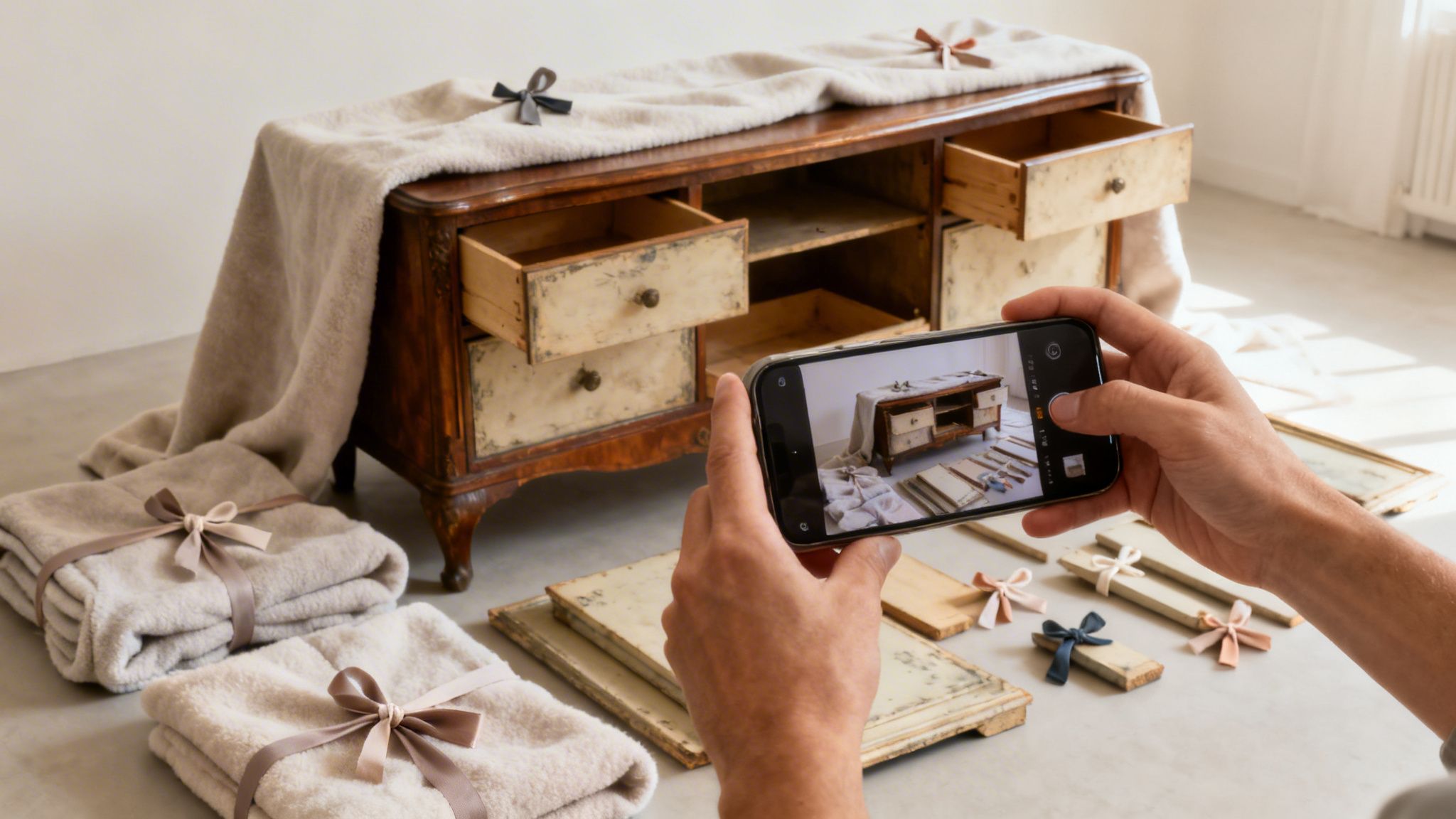 Person photographs an antique wooden dresser with open drawers and folded textiles, ready for repair or styling.