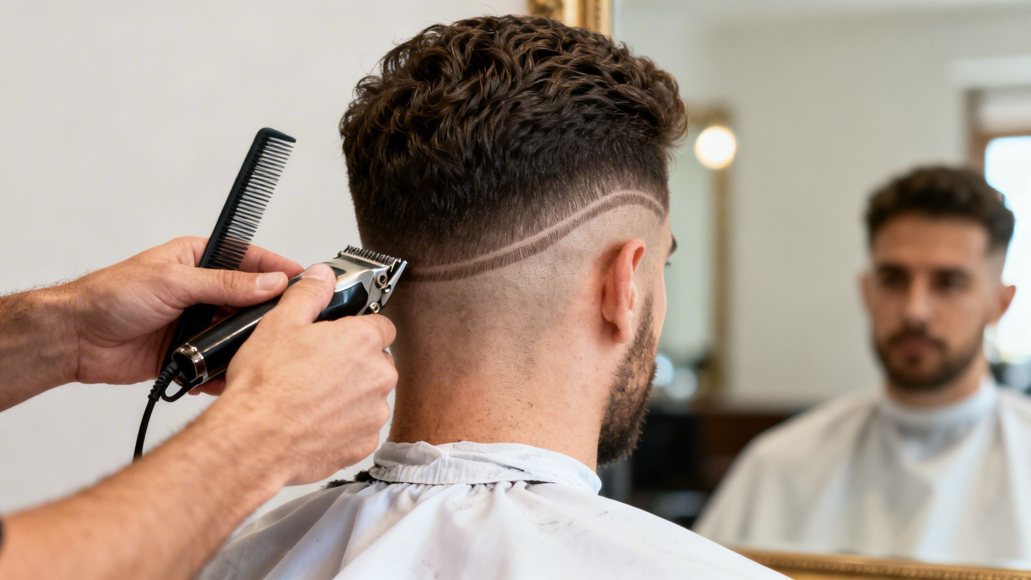 Barber using an electric trimmer to shave intricate lines into a man's fade haircut in a barbershop.
