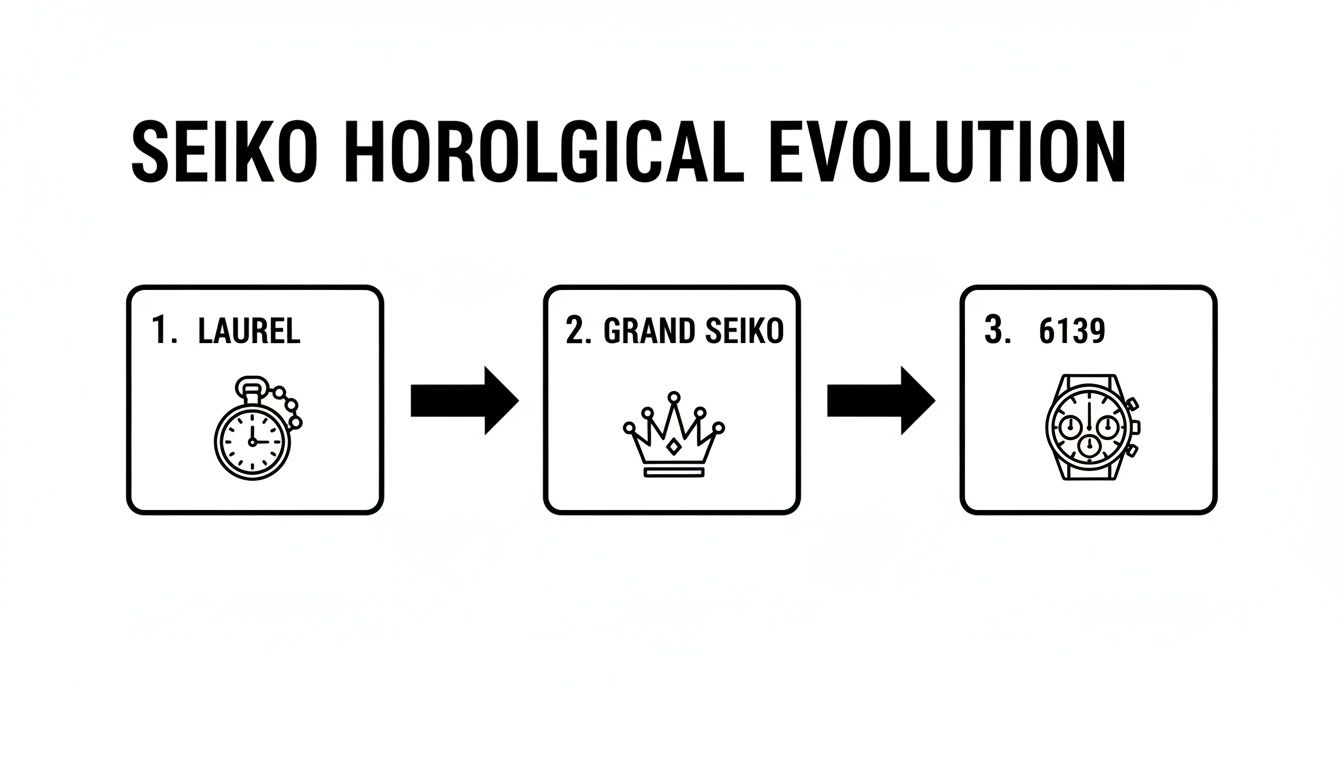 Seiko horological evolution illustration featuring three key models: 1. Laurel pocket watch, 2. Grand Seiko crown logo, and 3. 6139 chronograph watch, highlighting the brand's historical progression.