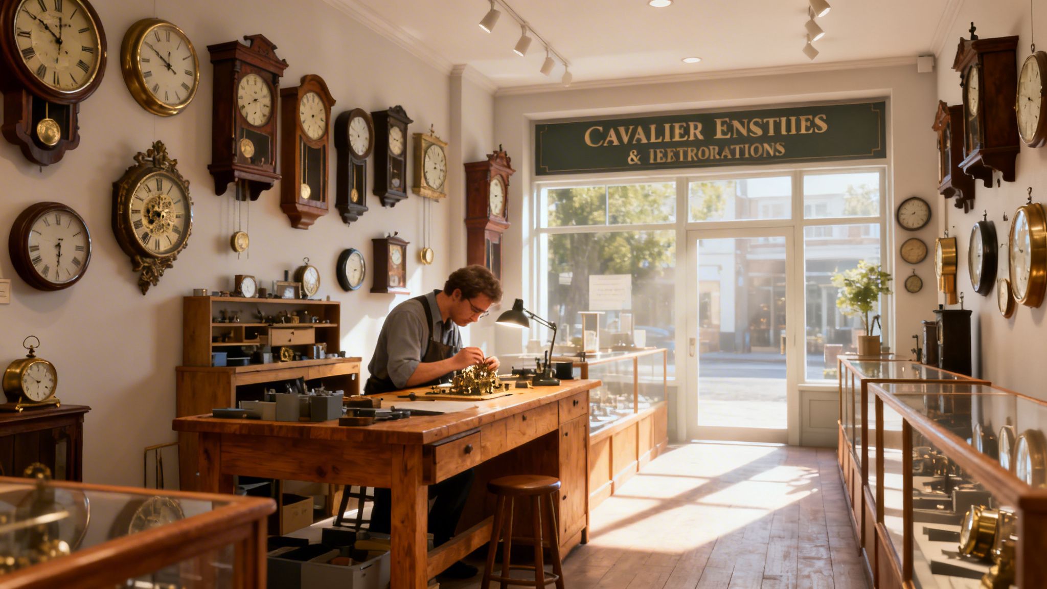 Vintage antique wall clocks displayed in a clock shop with a craftsman working on clock mechanisms, highlighting expert restoration services at Cavalier Antiques & Restorations in Glenelg.