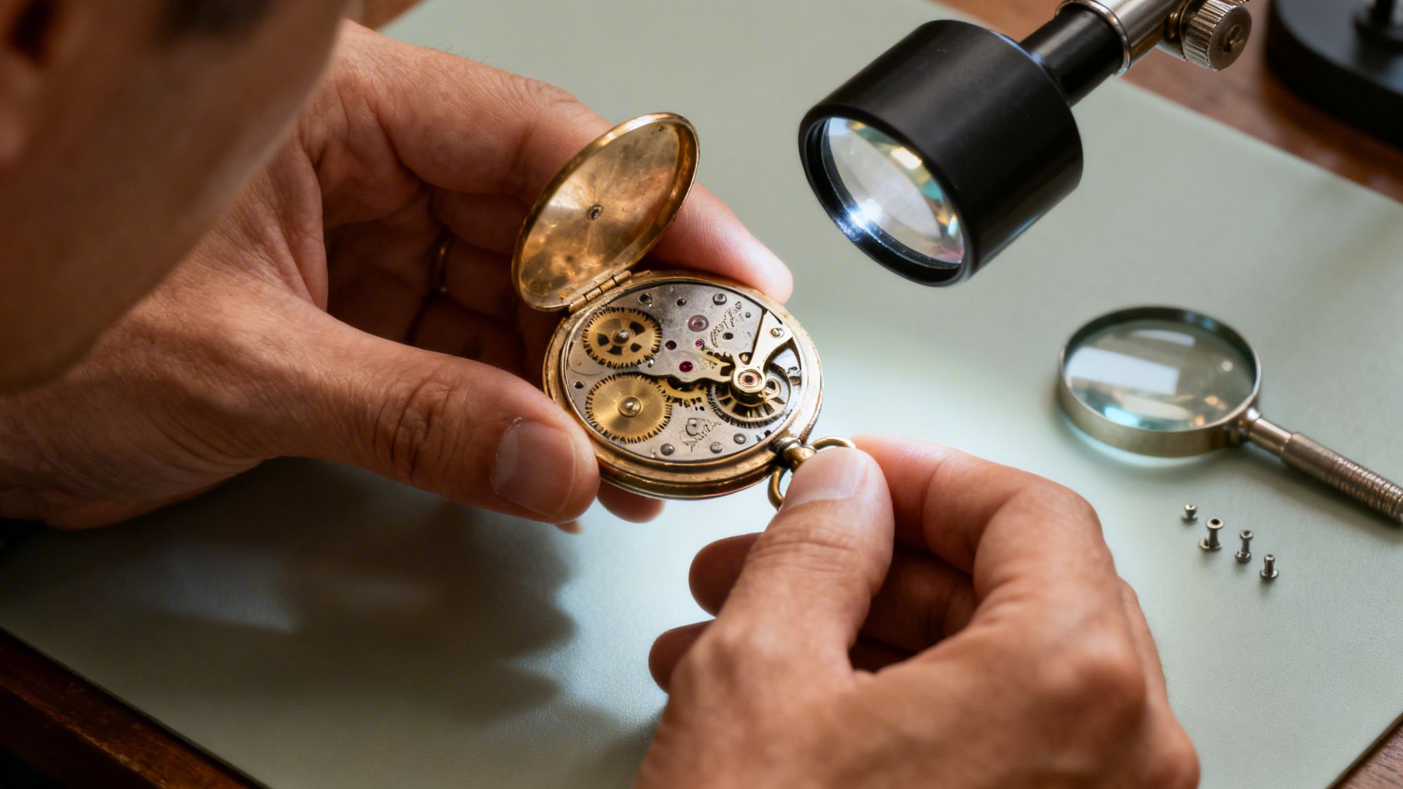 Close-up of a watchmaker's hands repairing an antique gold pocket watch with intricate gears and jewels, under a magnifying lamp.