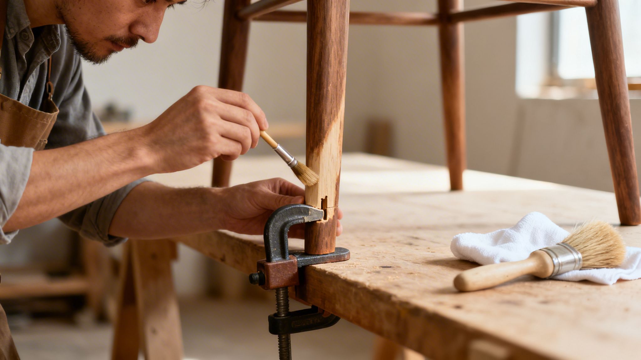 A skilled craftsman meticulously applies a wood finish to a chair leg with a brush on a workbench.