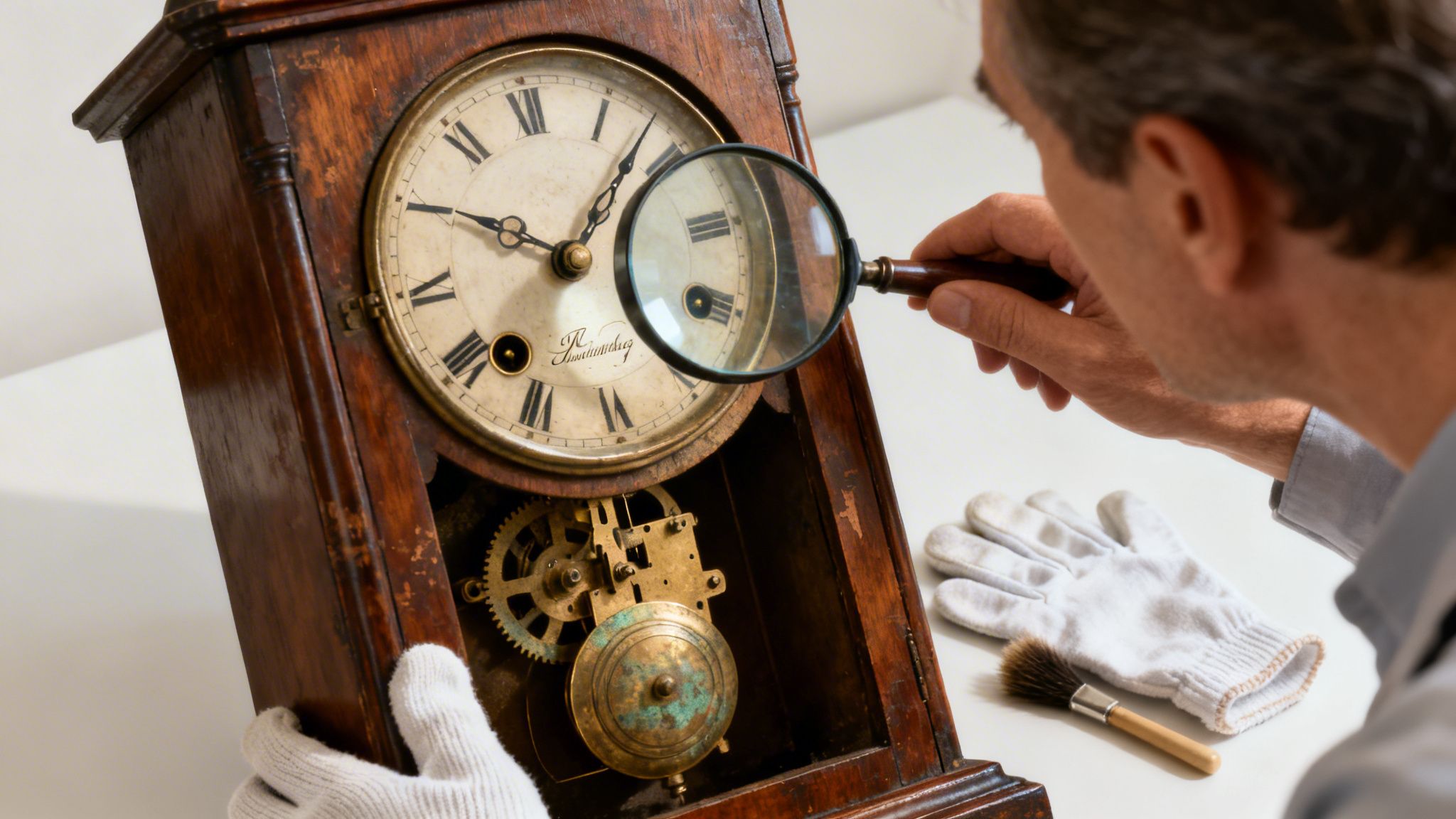 Person inspecting an antique wall clock with a magnifying glass, highlighting craftsmanship and details, alongside restoration tools like gloves and a brush, emphasizing the importance of identification in vintage clock collection.