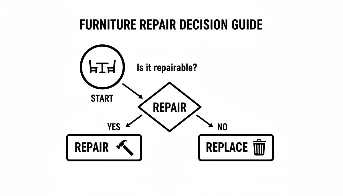 Flowchart guiding the decision to repair or replace furniture based on its repairability.