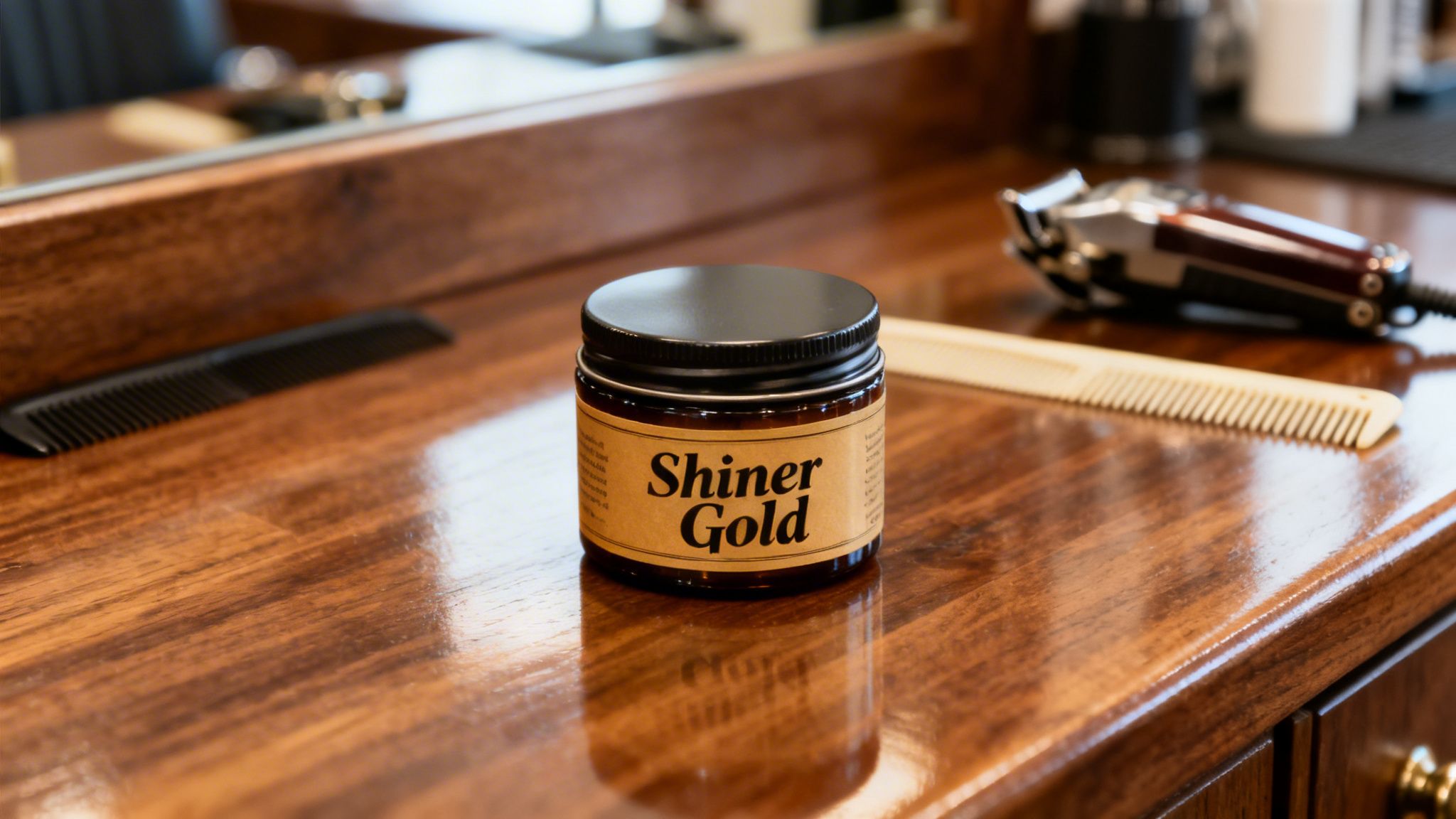 Shiner Gold pomade jar on a shiny wooden counter in a barbershop setting with blurred tools.