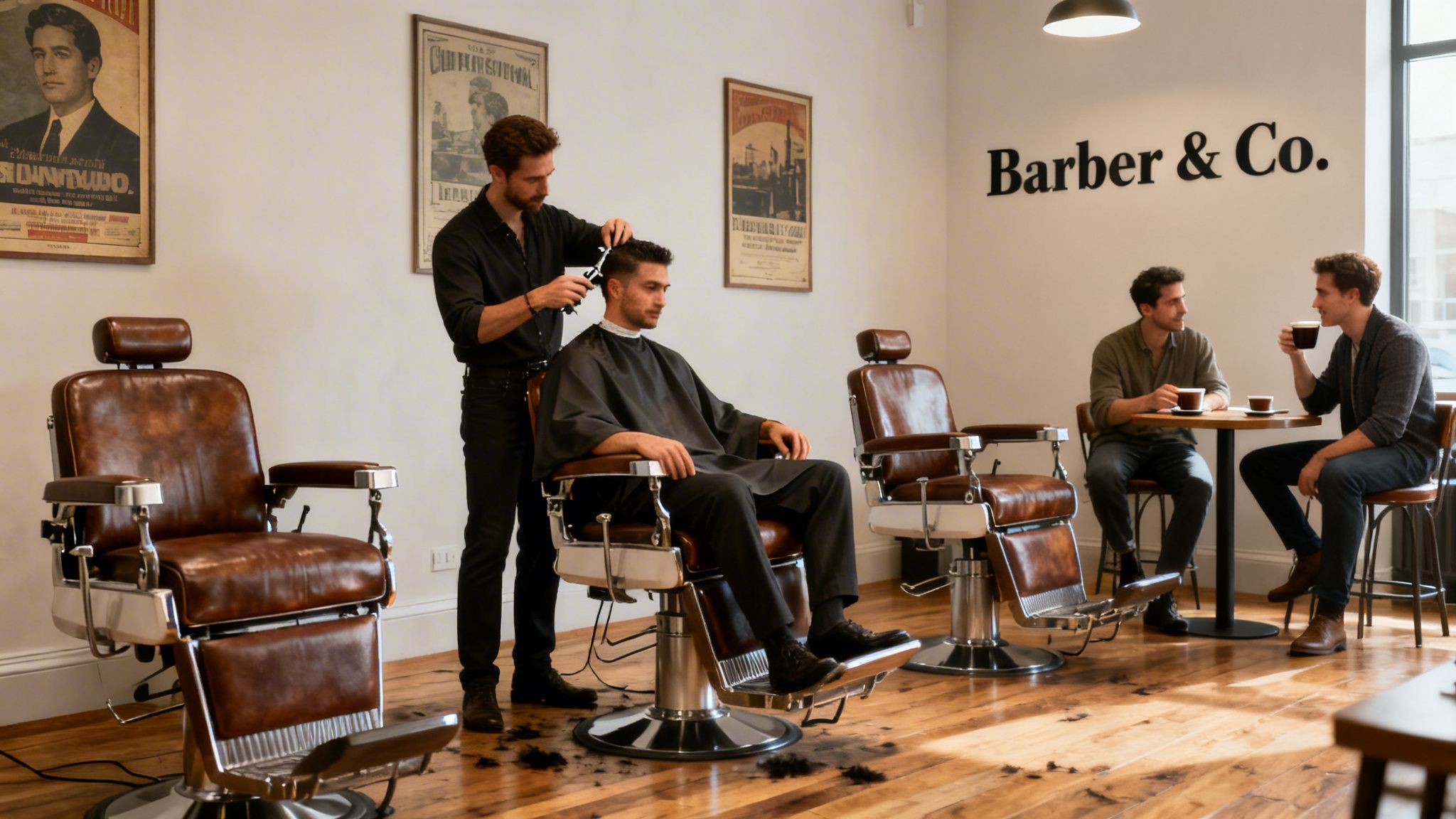 A male barber gives a haircut to a client in a classic barbershop, while two men drink coffee.