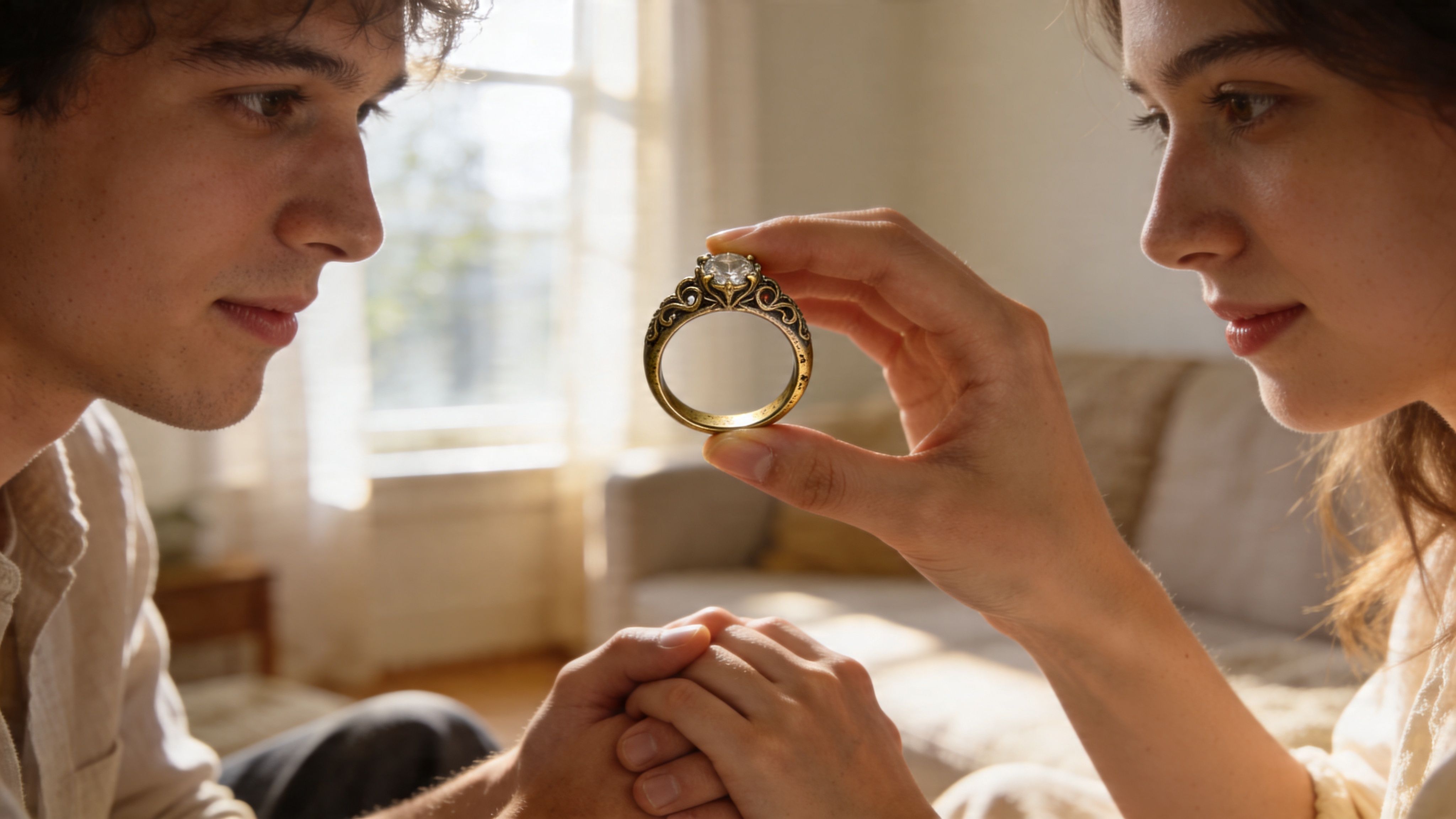 A young couple lovingly holds hands while admiring a beautiful ornate gold engagement ring together.