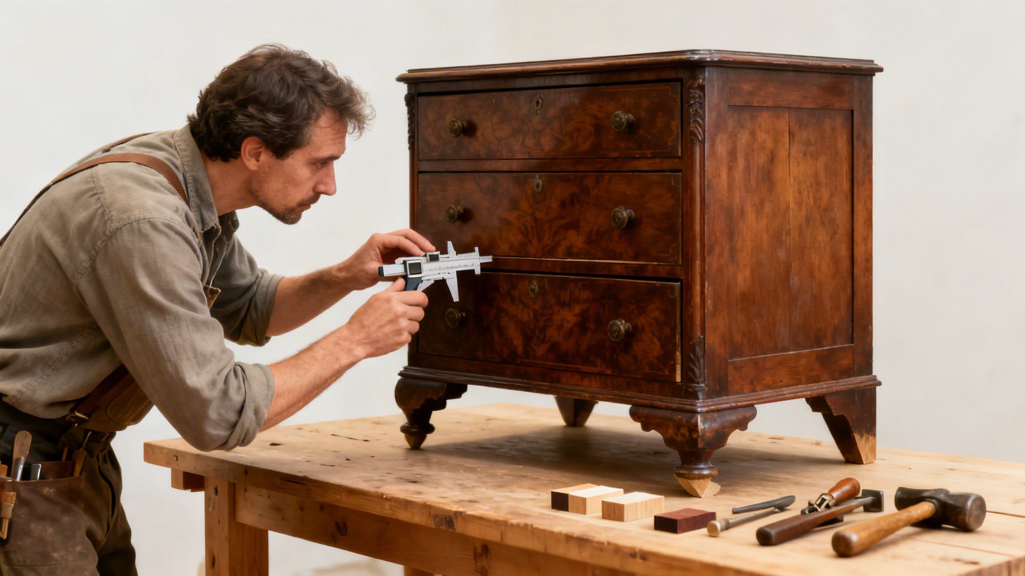 A skilled restorer meticulously measures an old wooden dresser with a caliper, surrounded by woodworking tools.