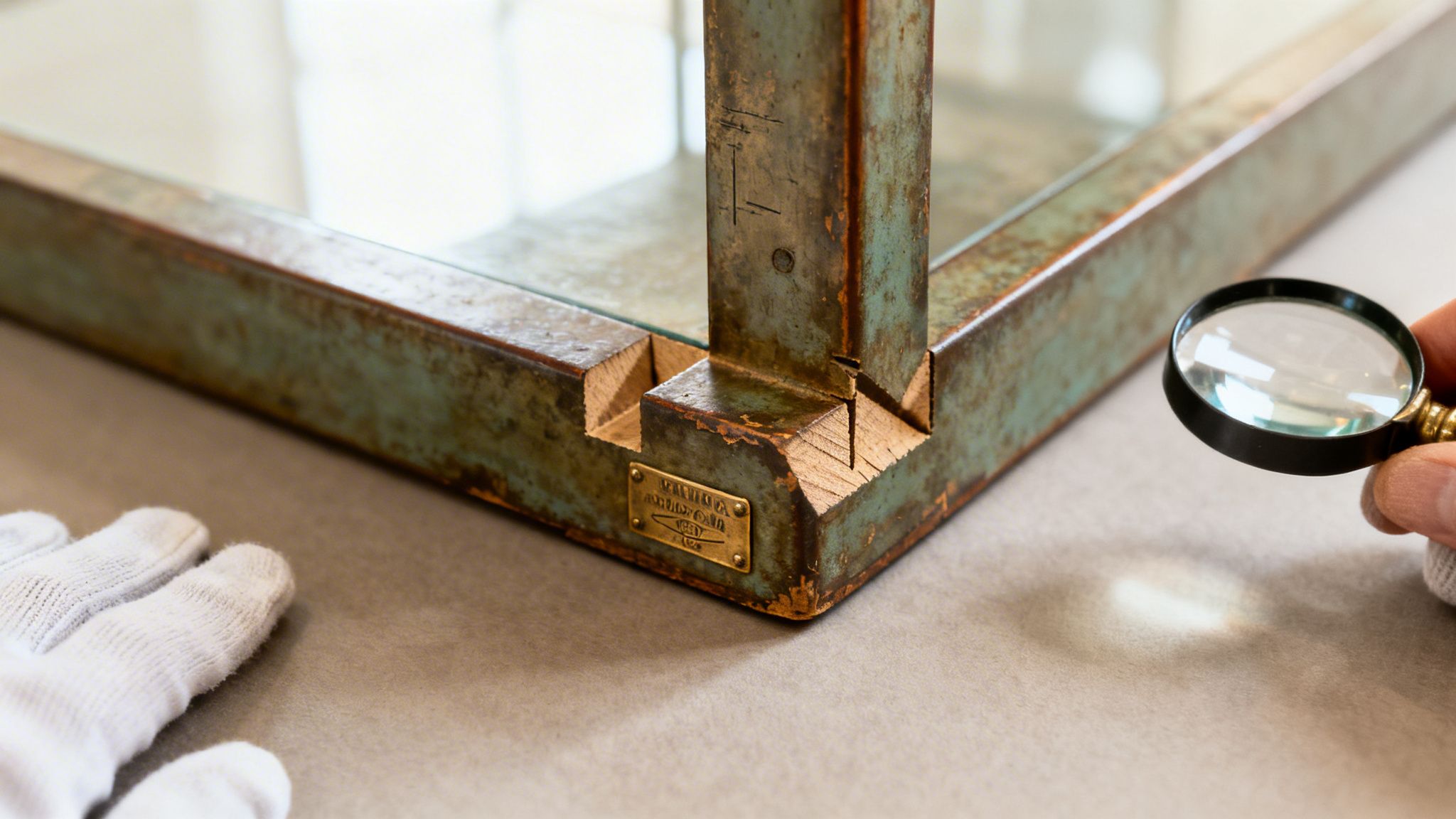 Hand in white glove examines the corner of a vintage cocktail table with a brass plaque.