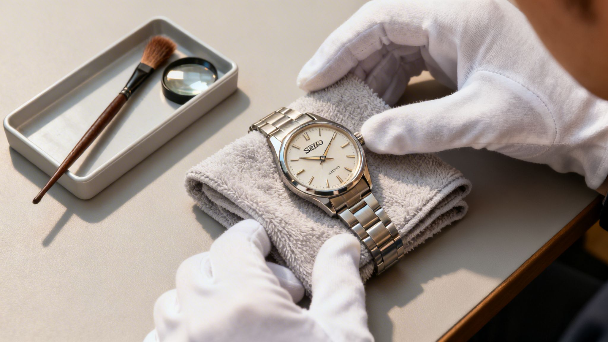 Antique Seiko watch on a soft cloth, being carefully handled with white gloves, alongside a cleaning brush and magnifying glass.
