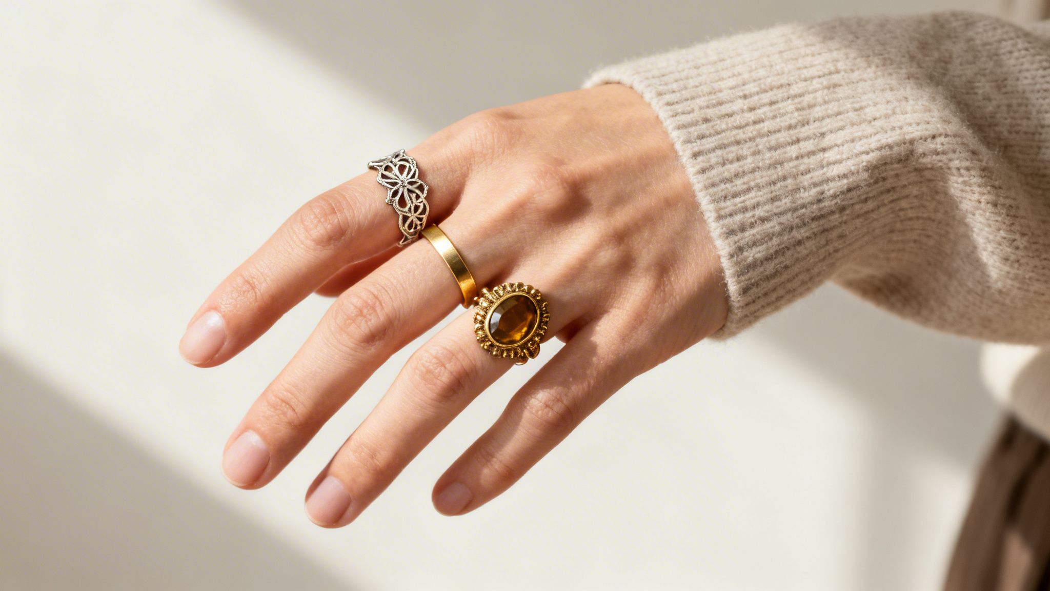 A hand displaying three vintage rings: a silver floral design, a plain gold band, and a gold stone ring.