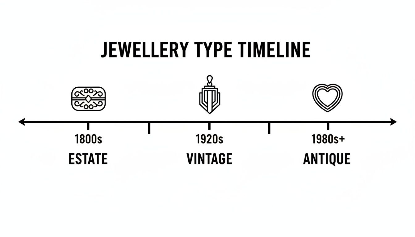 A timeline graphic illustrating jewellery types: Estate (1800s), Vintage (1920s), and Antique (1980s+).