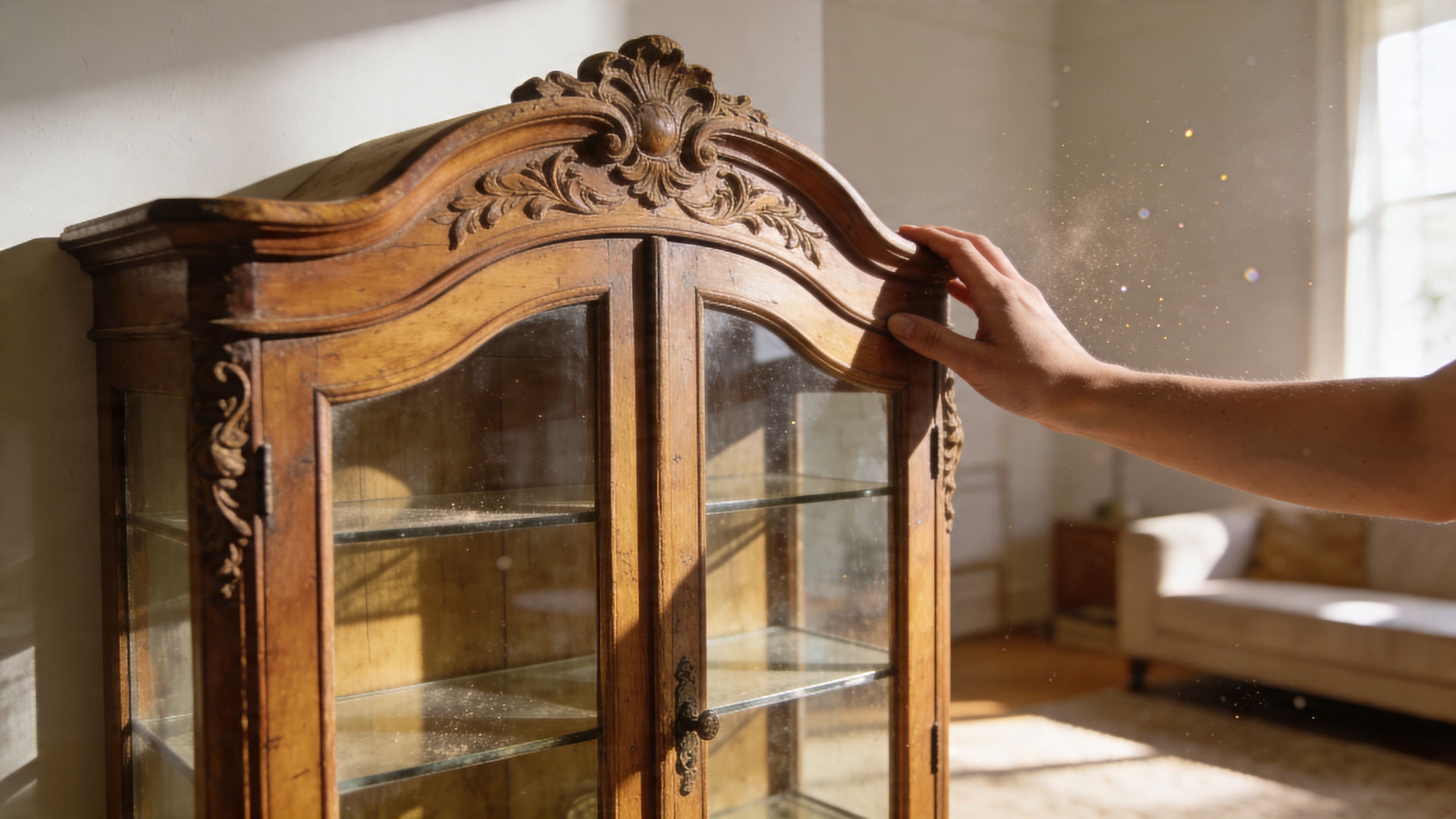 A hand touches the top of an ornate wooden display cabinet with dust particles swirling in the sunlight.