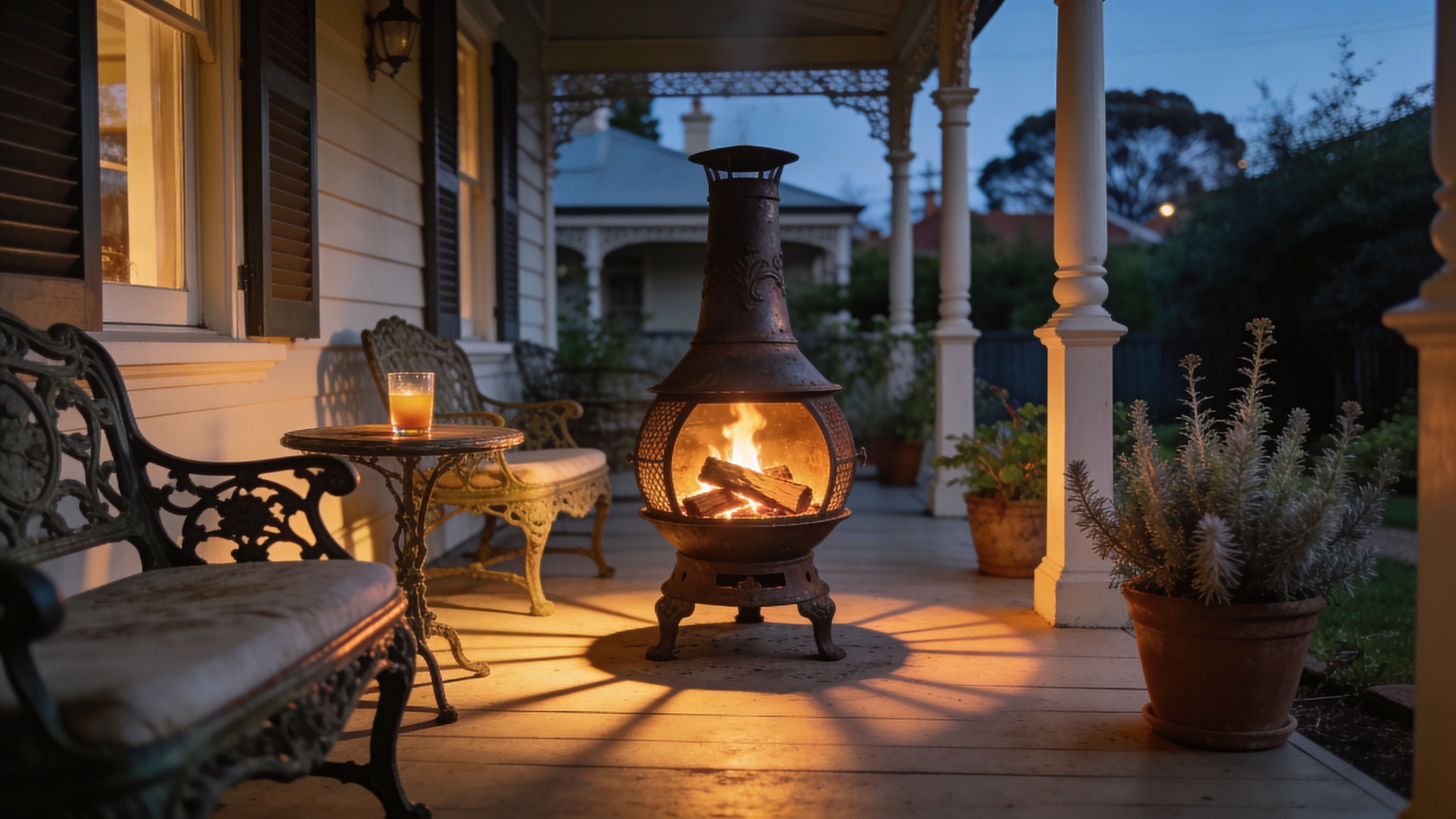 A rustic cast iron chiminea burning on a cozy wooden porch during a twilight evening