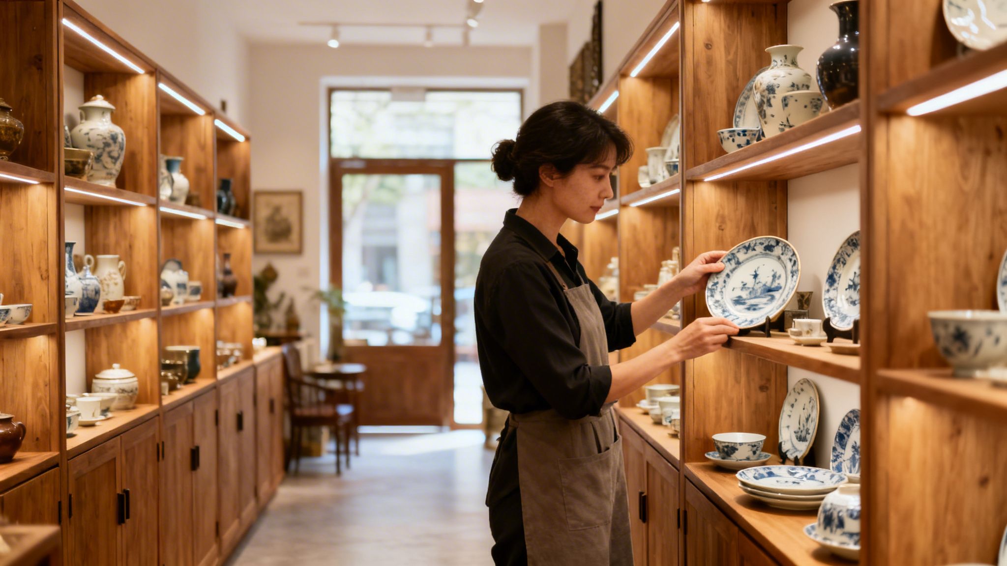 Woman in black shirt and apron arranging antique ceramics on wooden shelves in a showroom, showcasing porcelain and decorative pottery in an inviting space.