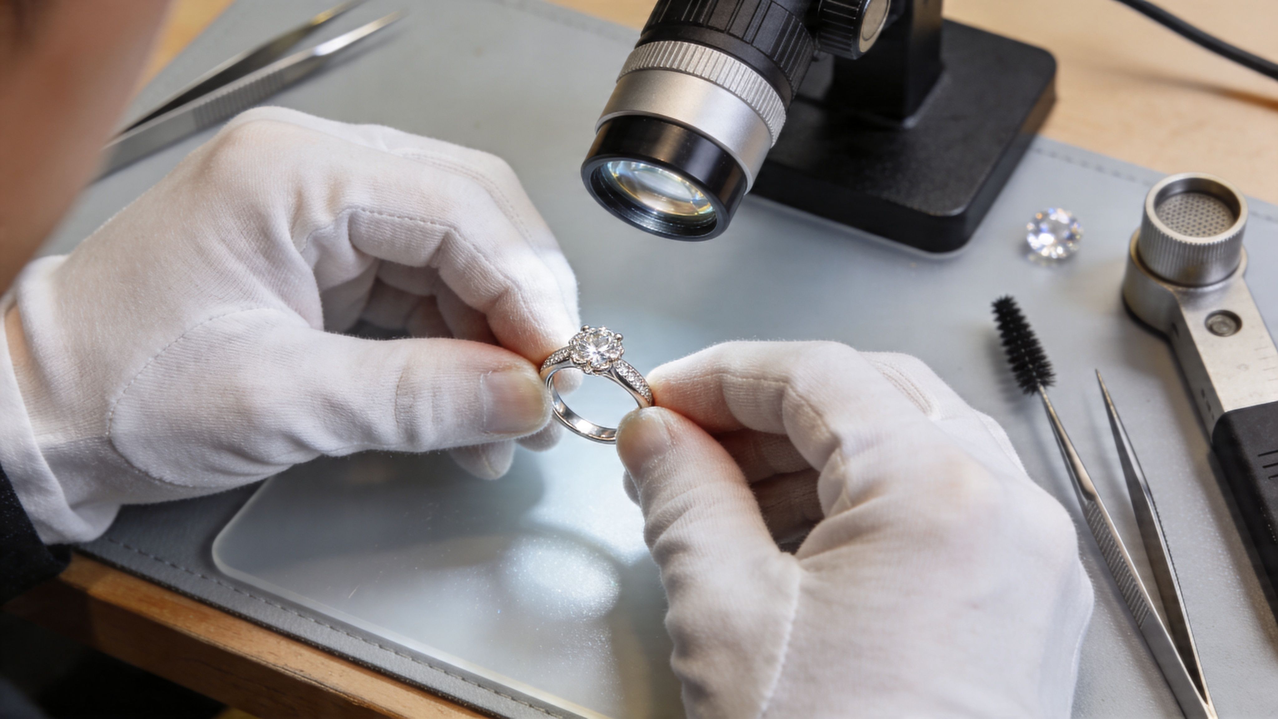 A jeweler wearing white gloves inspects a diamond engagement ring under a magnifying microscope.
