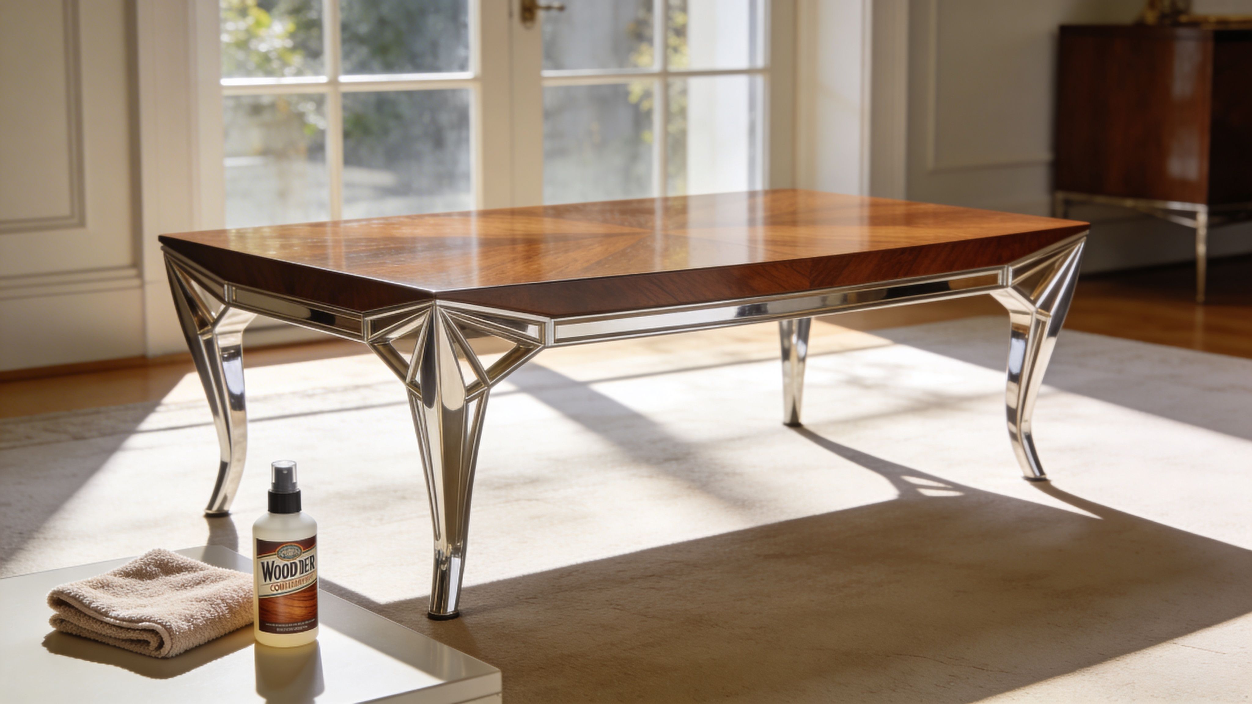 A luxurious Art Deco coffee table with wooden top and polished chrome legs standing on a carpet.