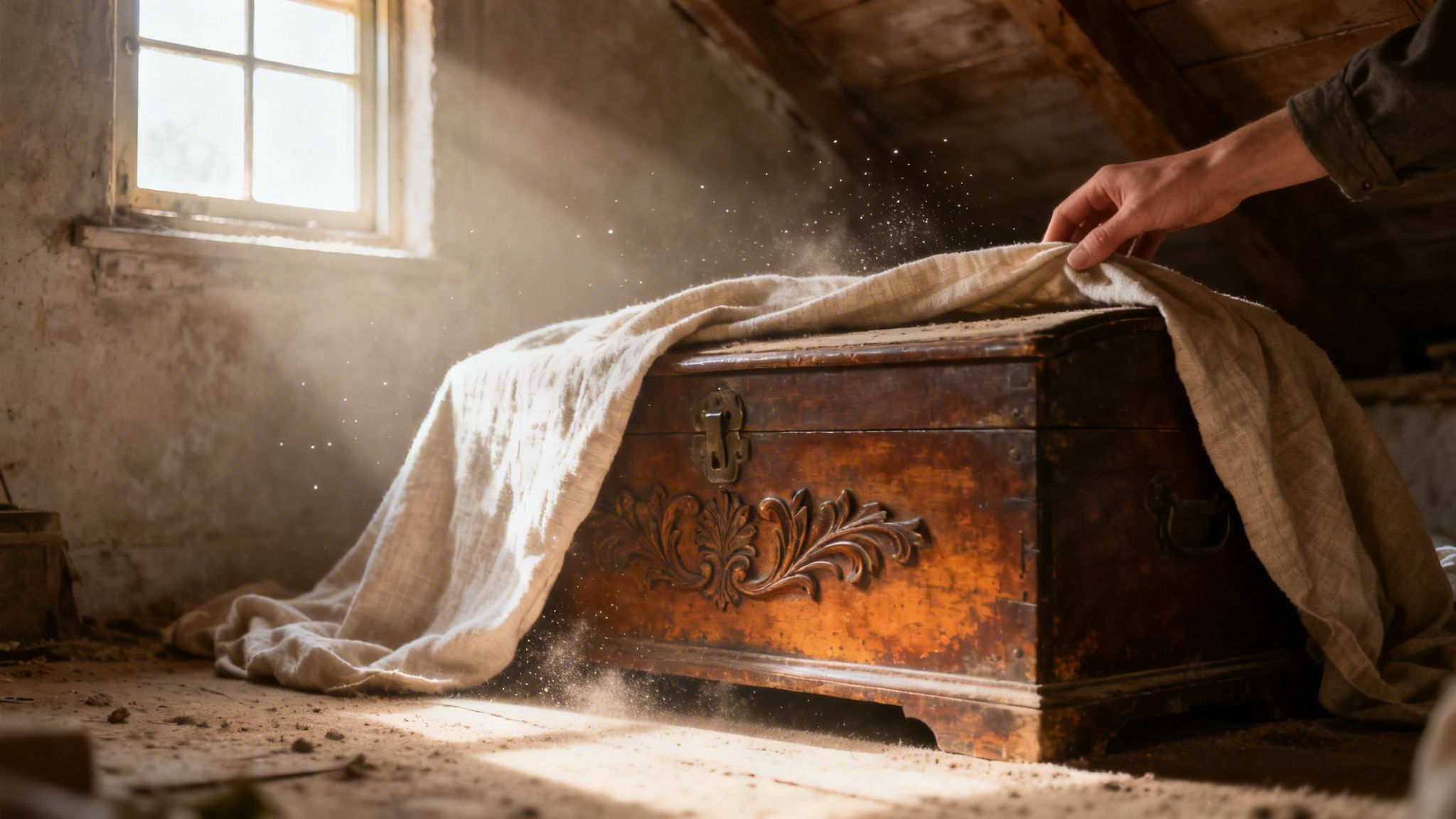 A hand uncovers a dusty, ornate antique wooden chest in a sunlit attic, revealing shimmering dust particles.