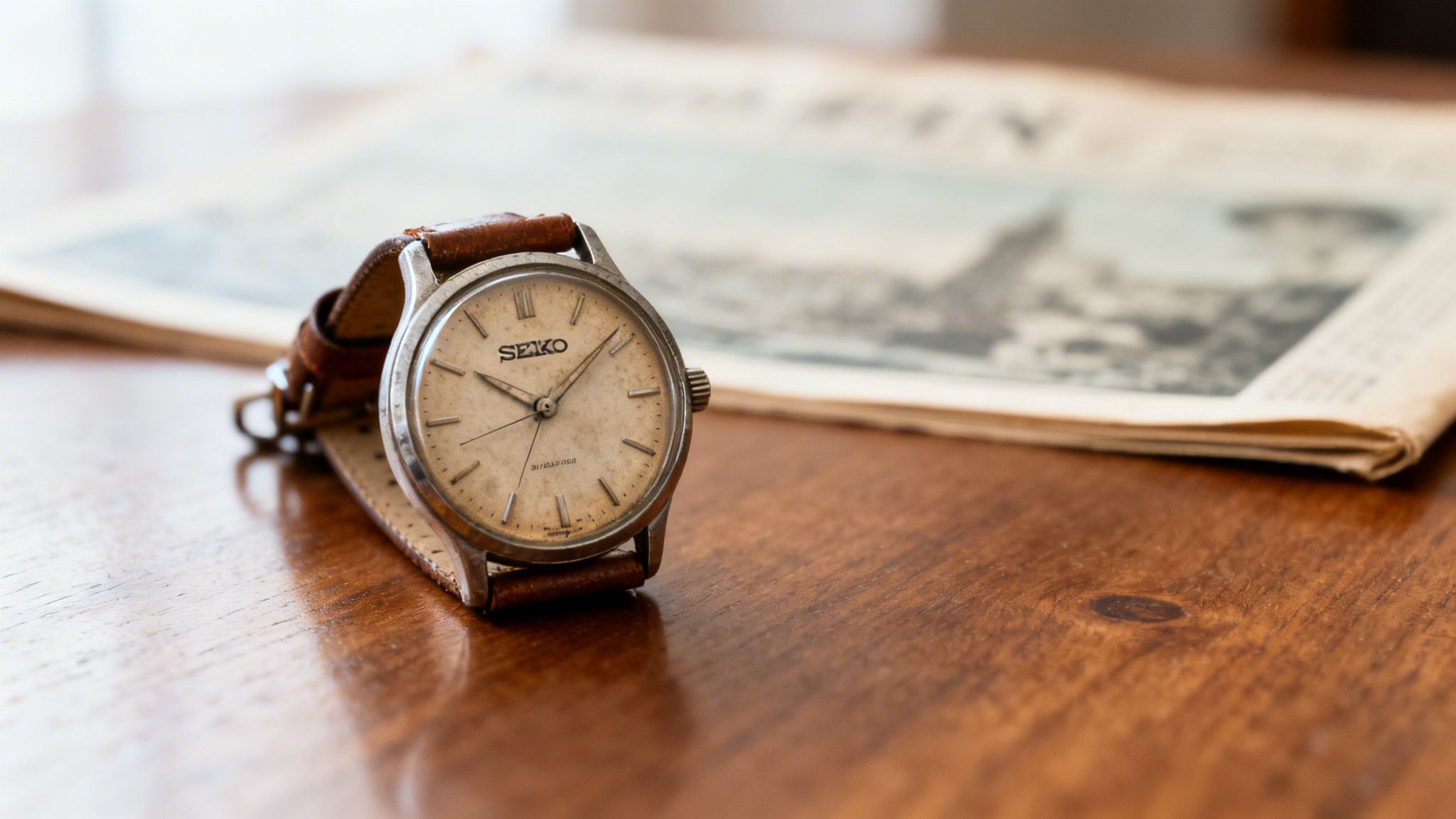 Antique Seiko watch with leather strap on wooden table, showcasing vintage craftsmanship and style, in context of collecting and valuing Seiko timepieces.