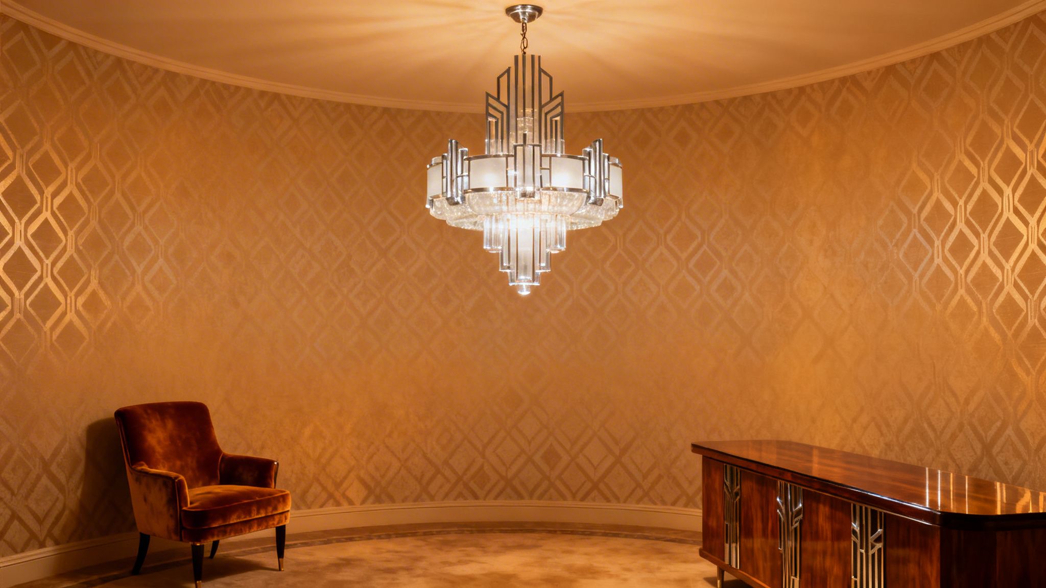 A luxurious Art Deco room with a grand chandelier, patterned golden wallpaper, velvet armchair, and wood credenza.