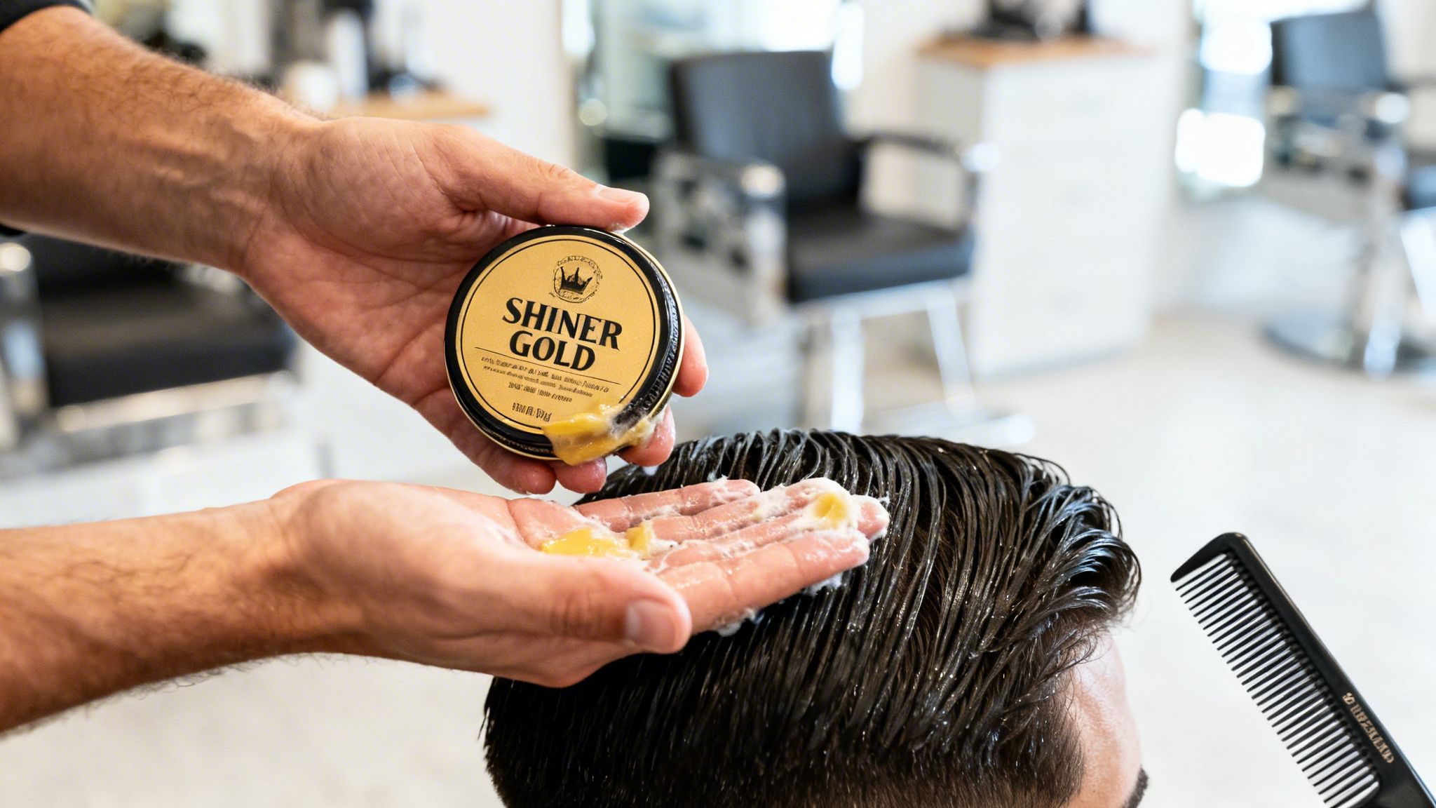 Hands applying Shiner Gold pomade from a tin to wet dark hair in a barbershop.