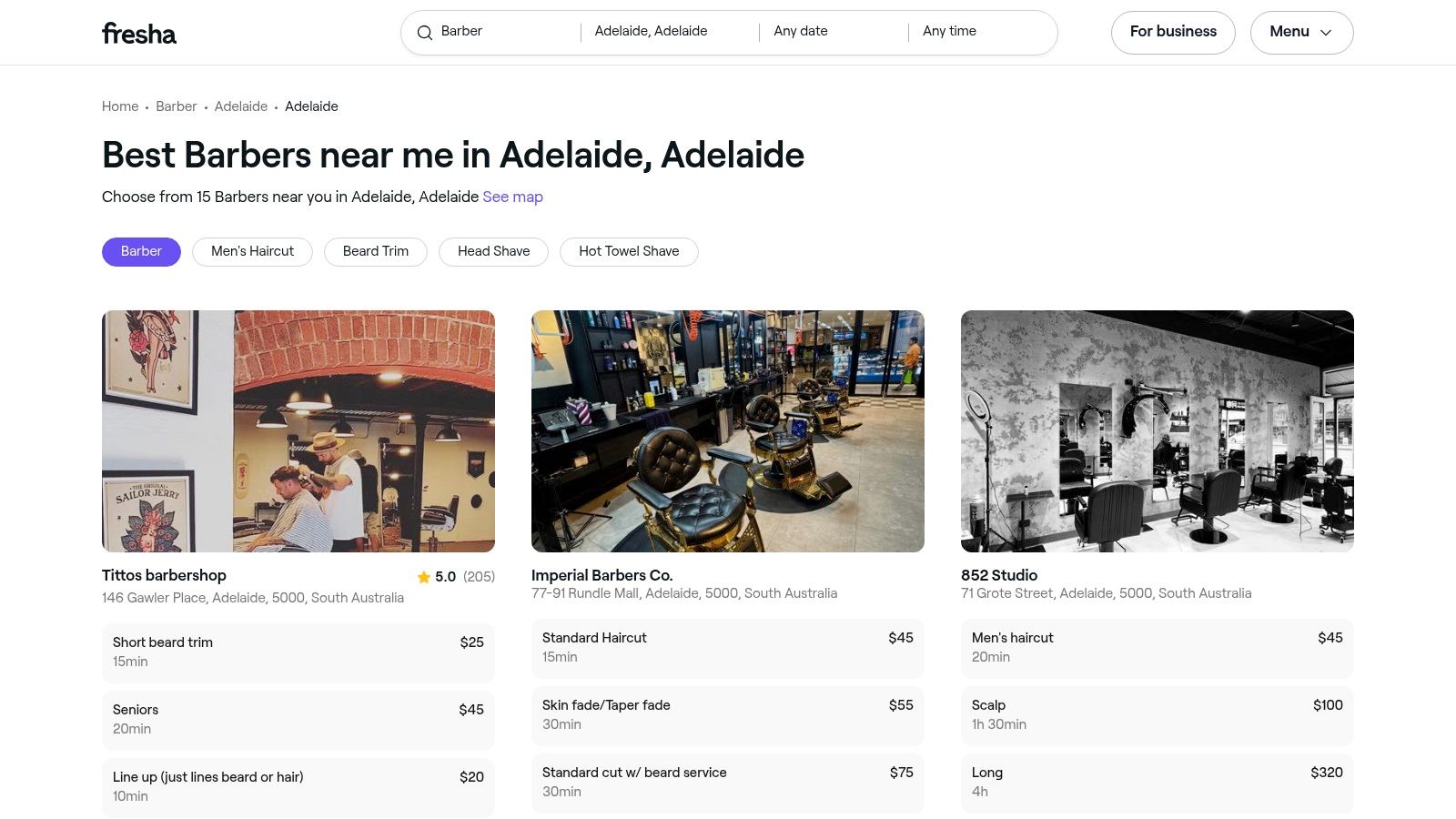A screenshot of the Fresha platform showing a list of barber shops in Adelaide with their ratings, reviews, and starting prices.