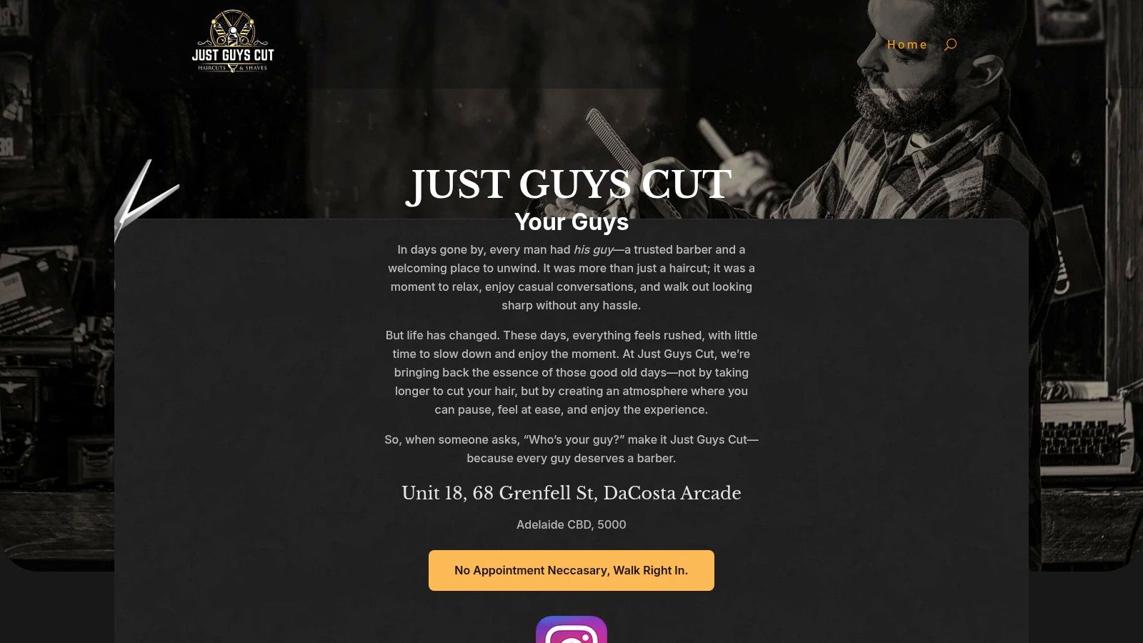 Just Guys Cut (Adelaide CBD) homepage showing a barber cutting hair.