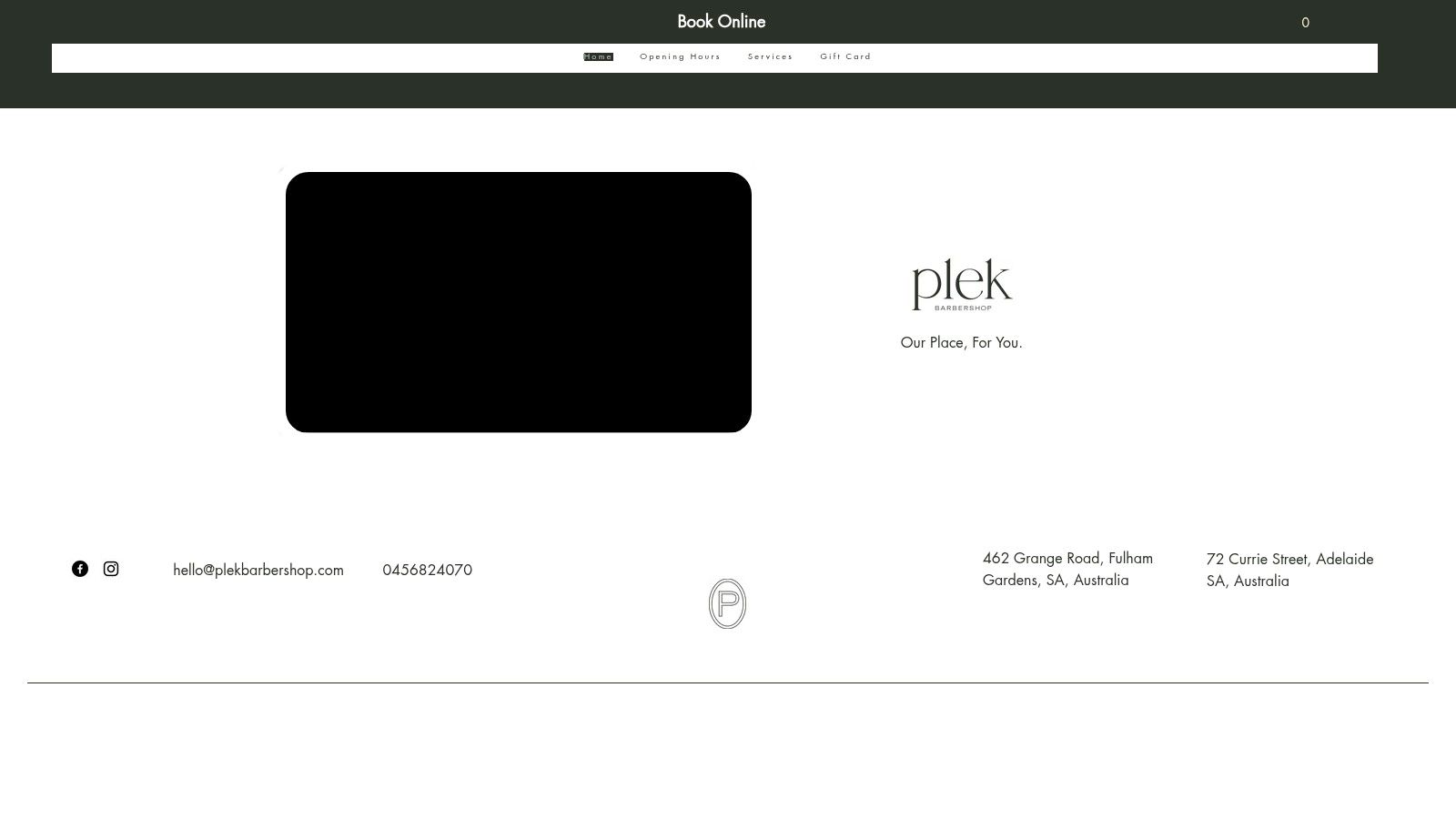 Plek Barbershop's clean website interface showing services and booking options.