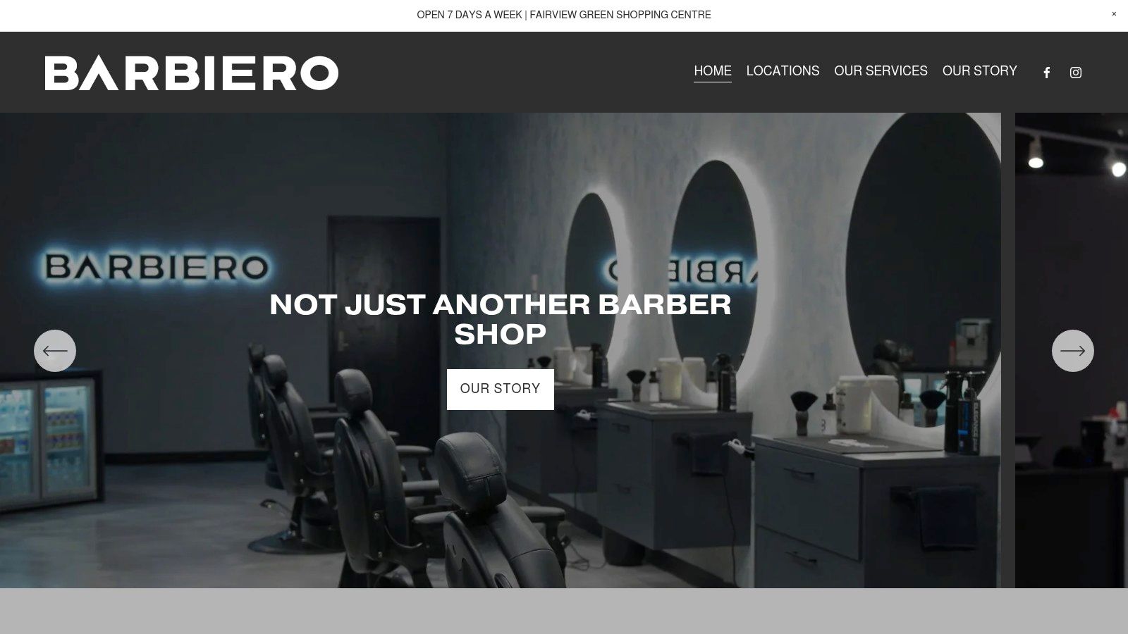 Barbiero (Findon and Hendon) homepage showing a barber at work in a modern shop.