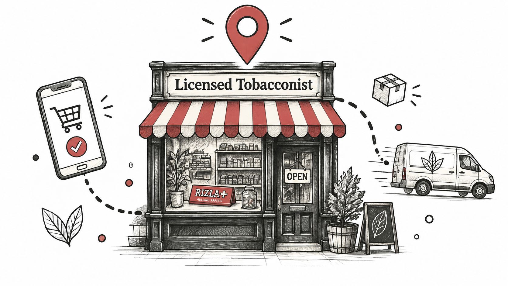 A digital illustration showing a mobile phone ordering system connected to a local licensed tobacconist delivery van.