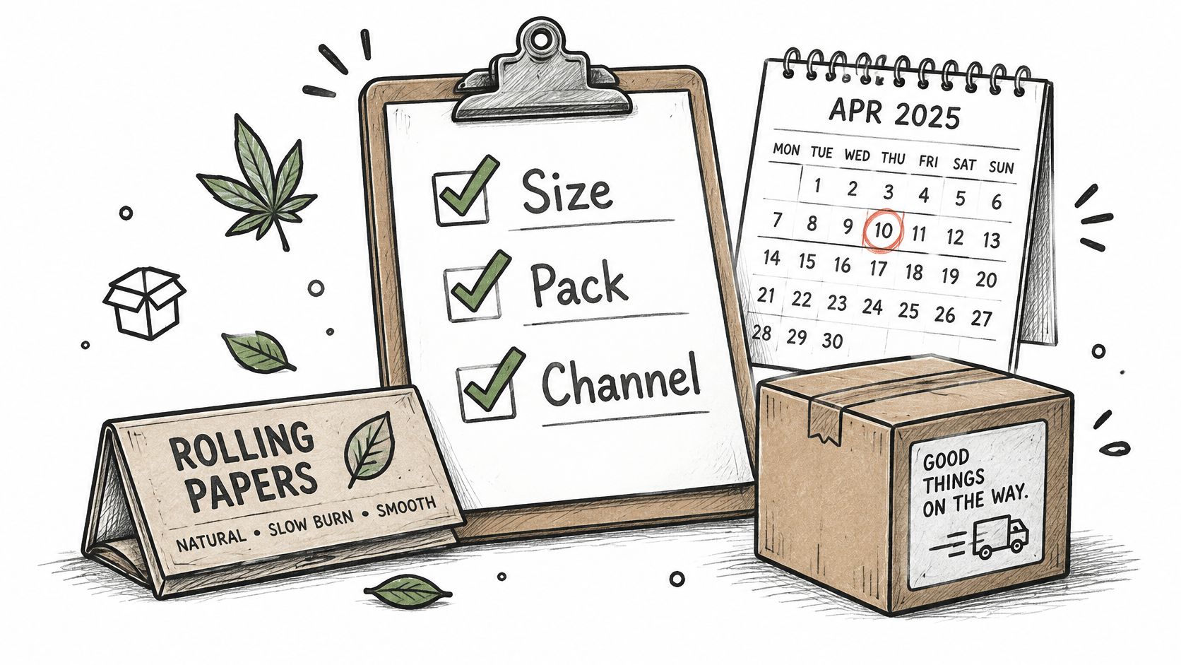 A checklist with items labeled size, pack, and channel next to rolling papers and a delivery calendar.