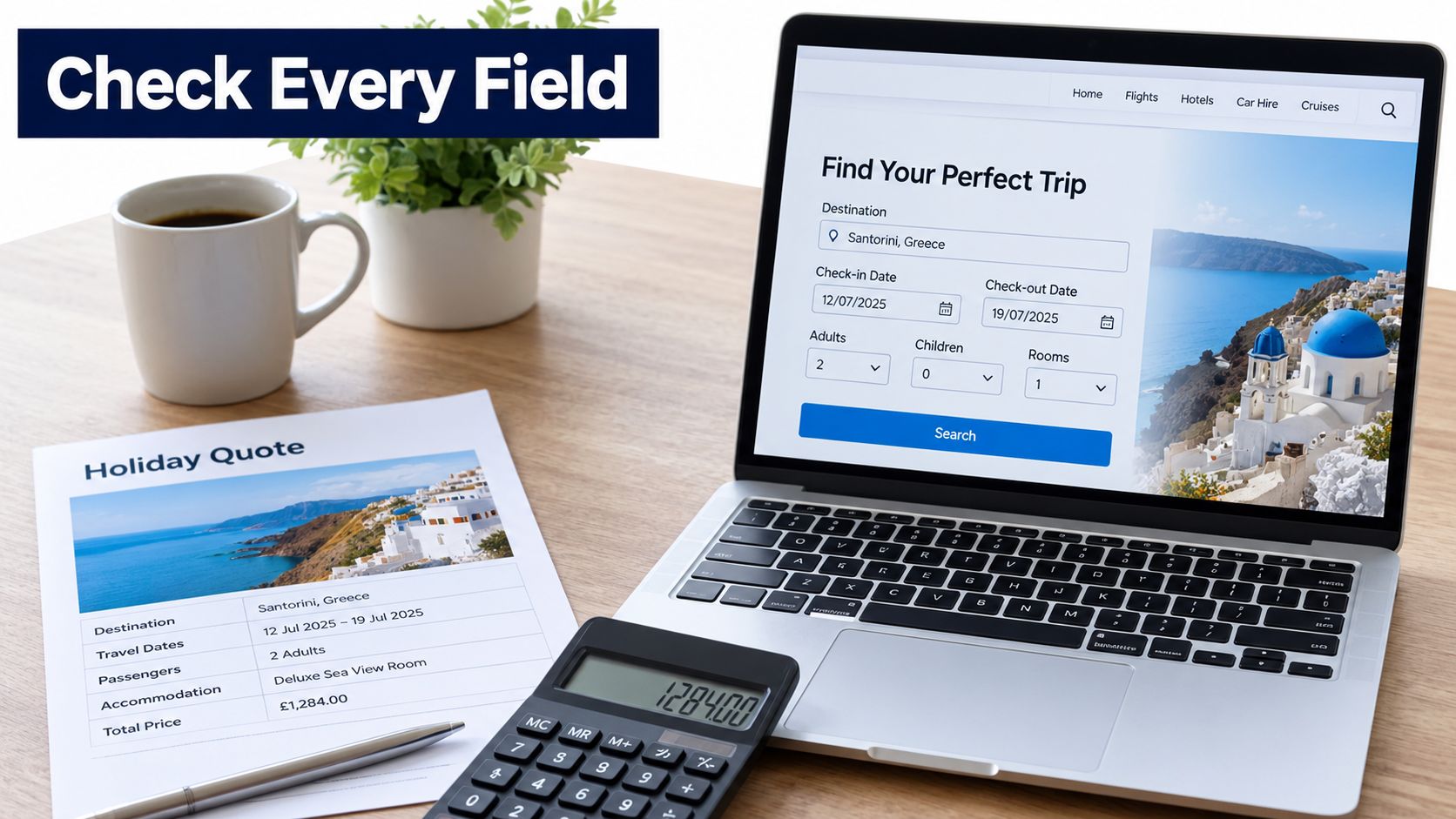A laptop showing a travel booking website next to a holiday quote document and a calculator.