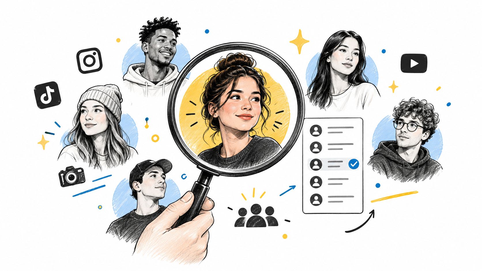 A hand holding a magnifying glass over a young woman's portrait, surrounded by social media influencers.