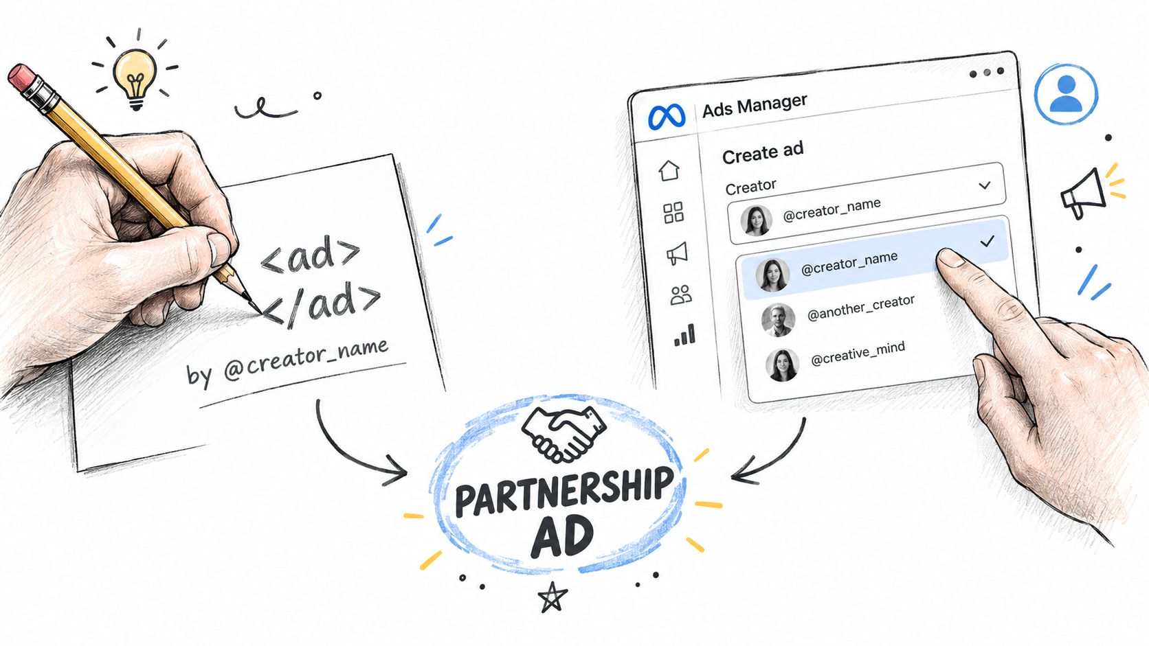 A hand-drawn illustration showing the collaboration process between creators and brands for Meta partnership ads.