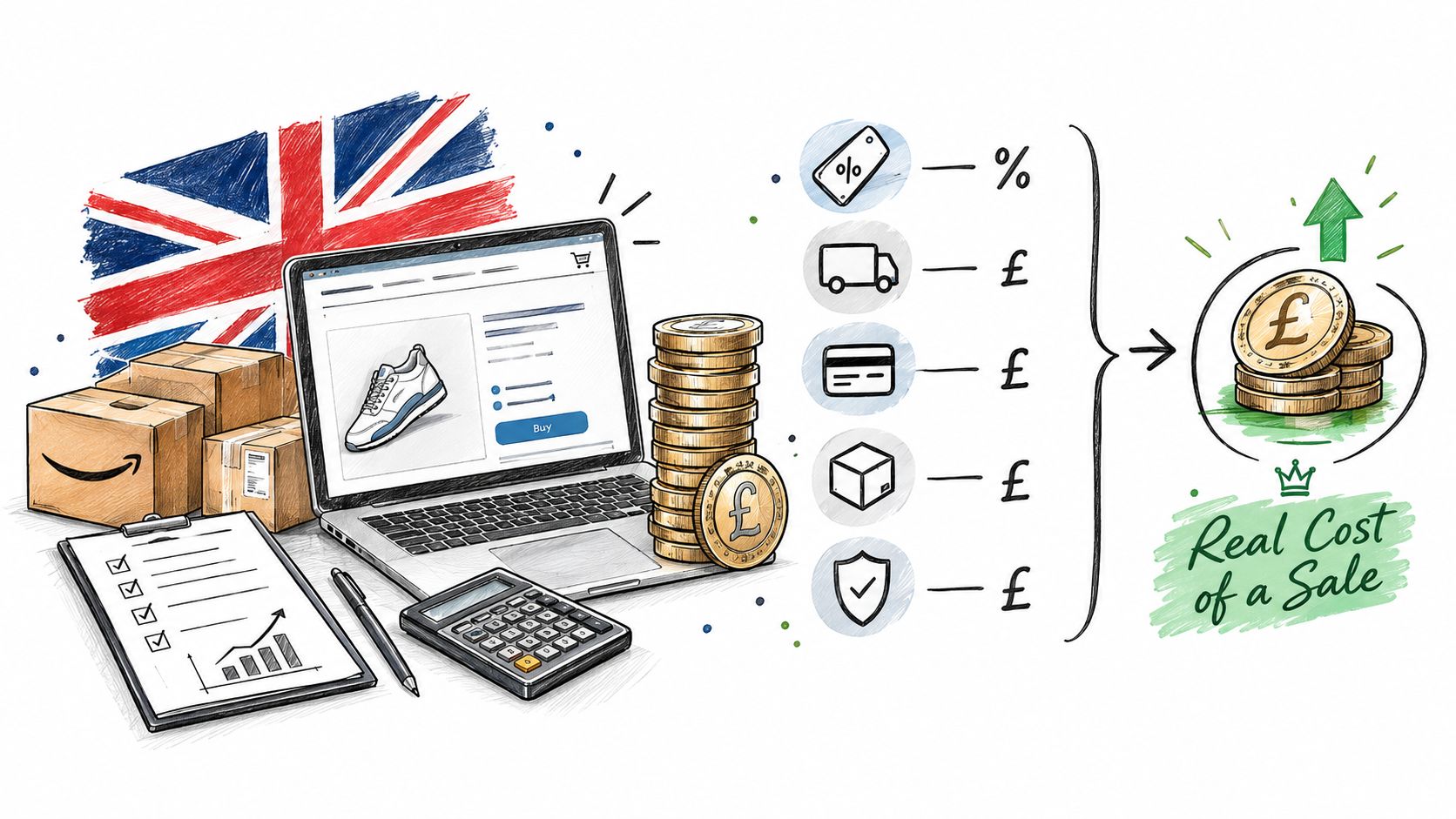 An illustration showing a laptop, shipping boxes, and coins representing the breakdown of ecommerce costs in the UK.