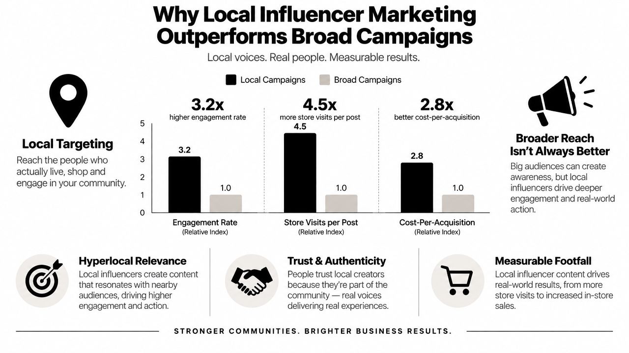 An infographic illustrating why local influencer marketing outperforms broad campaigns using comparative charts and key benefits.