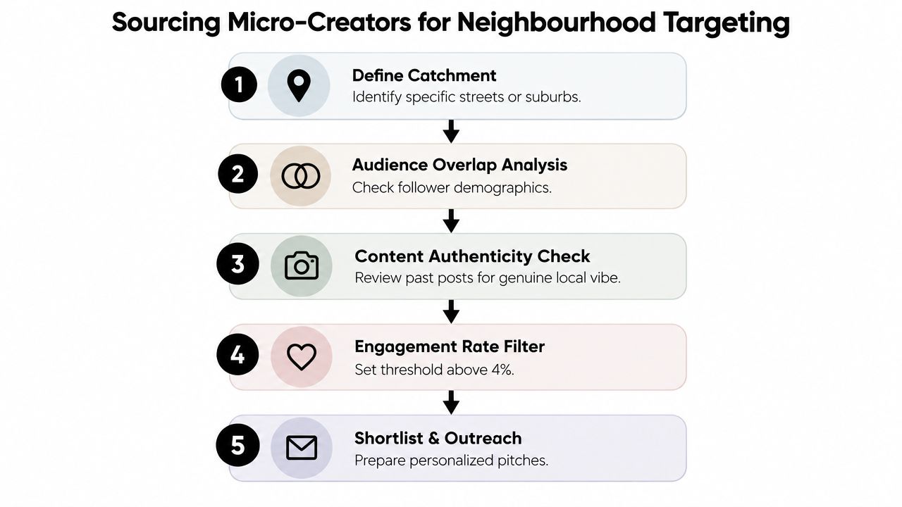 A flowchart showing five steps for sourcing micro-creators for targeted local influencer marketing campaigns.