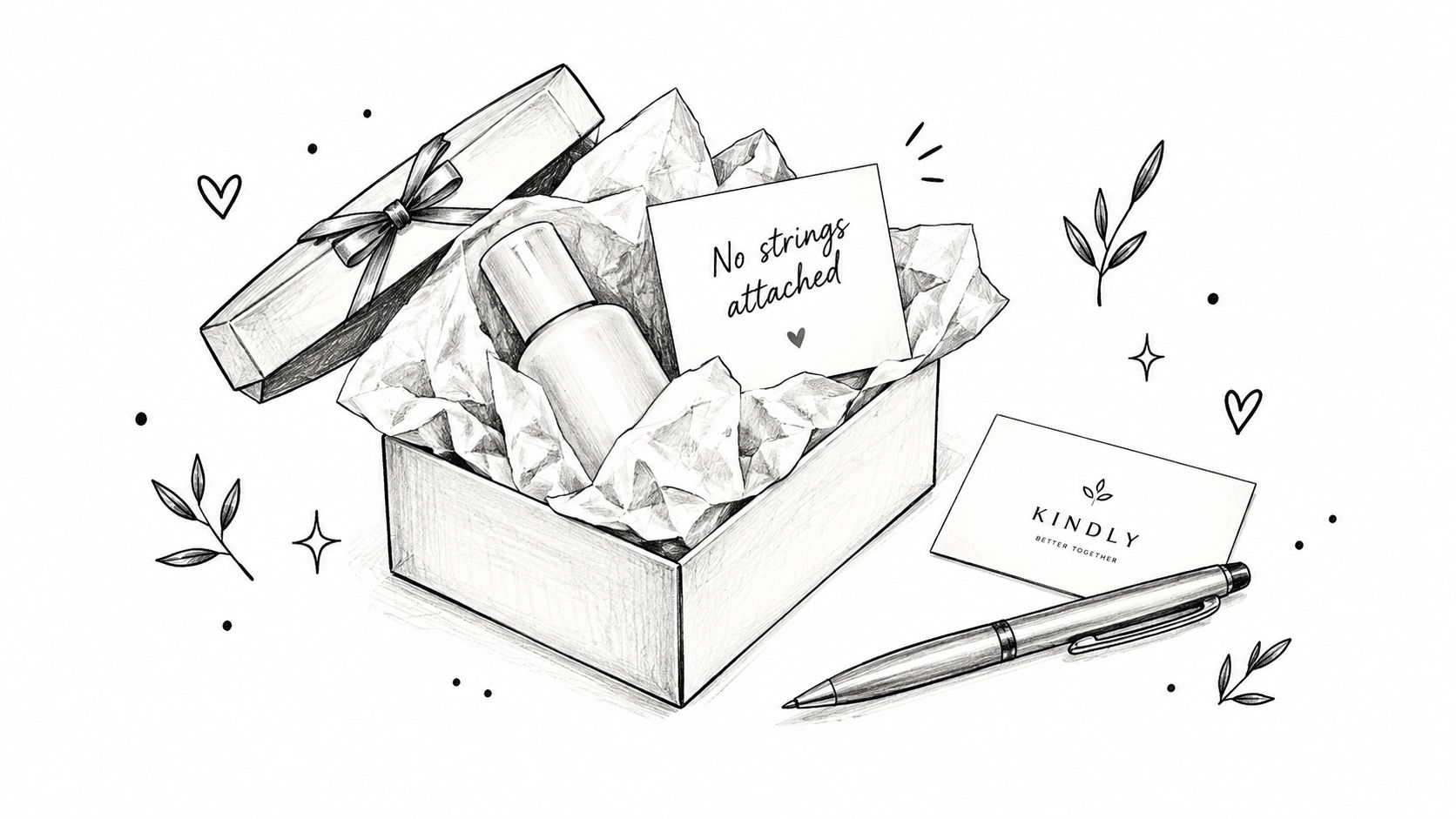 An elegant sketch of an open gift box containing a skincare bottle, a note, and a card.