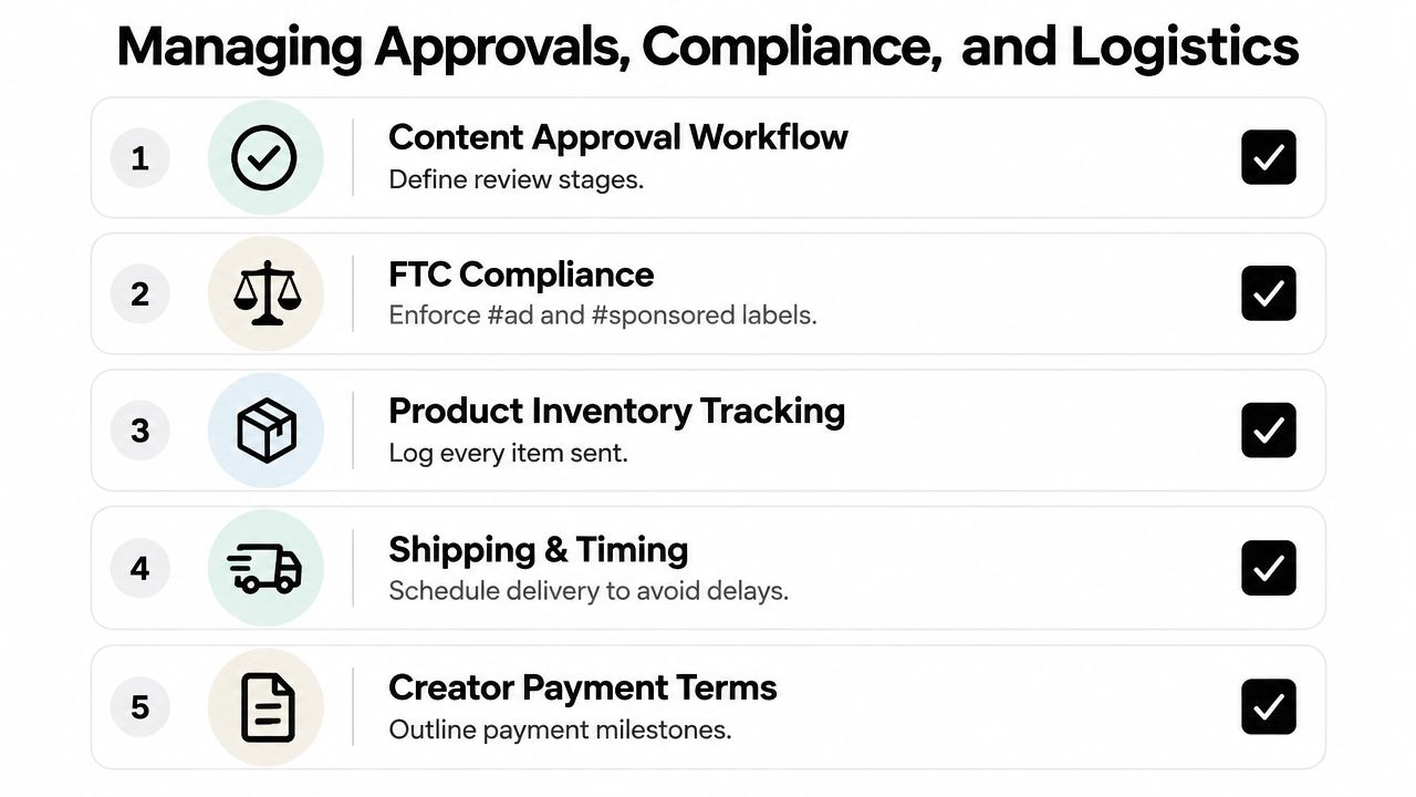 A list outlining five essential steps for managing influencer marketing approvals, compliance, and logistics tasks.