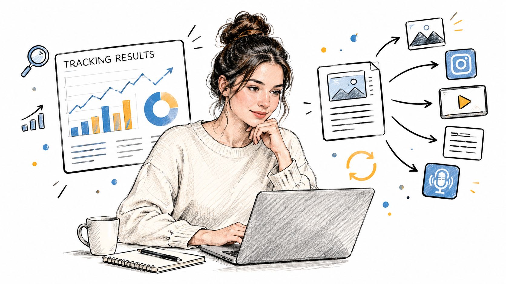 A woman working on a laptop, surrounded by icons of digital marketing, analytics, and content distribution channels.
