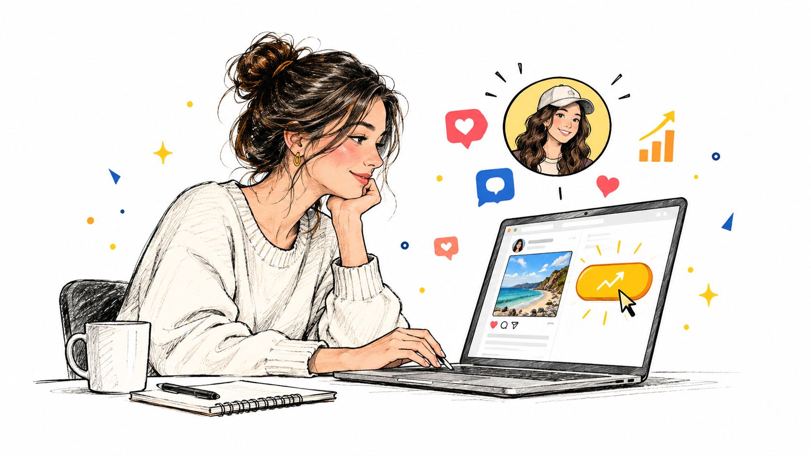 A woman using a laptop to collaborate with a social media creator for marketing and growth